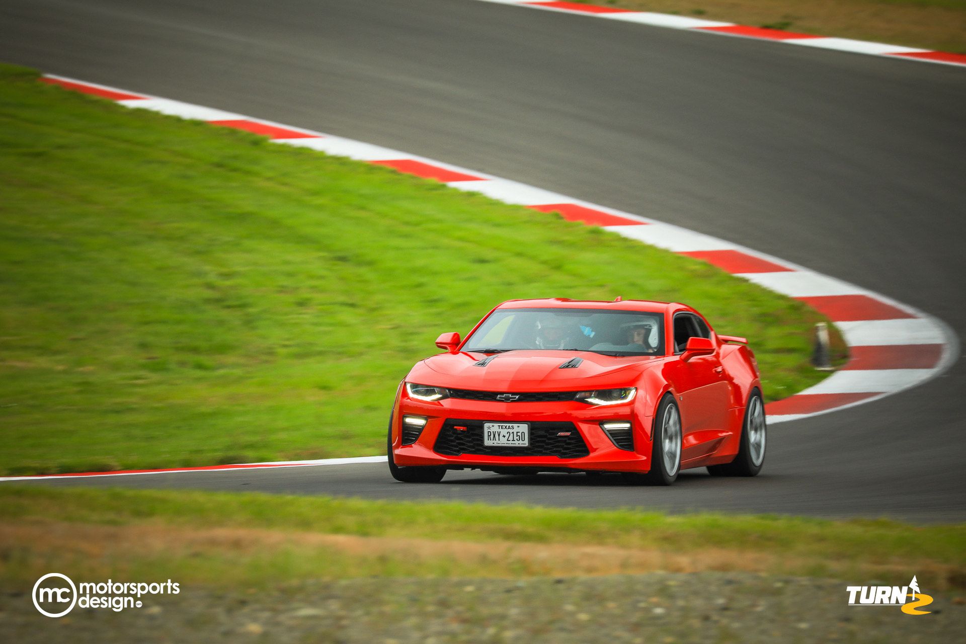 Red Chevrolet 6th Gen Camaro SS with 18" EC-7RS Apex wheels in Brushed Clear
