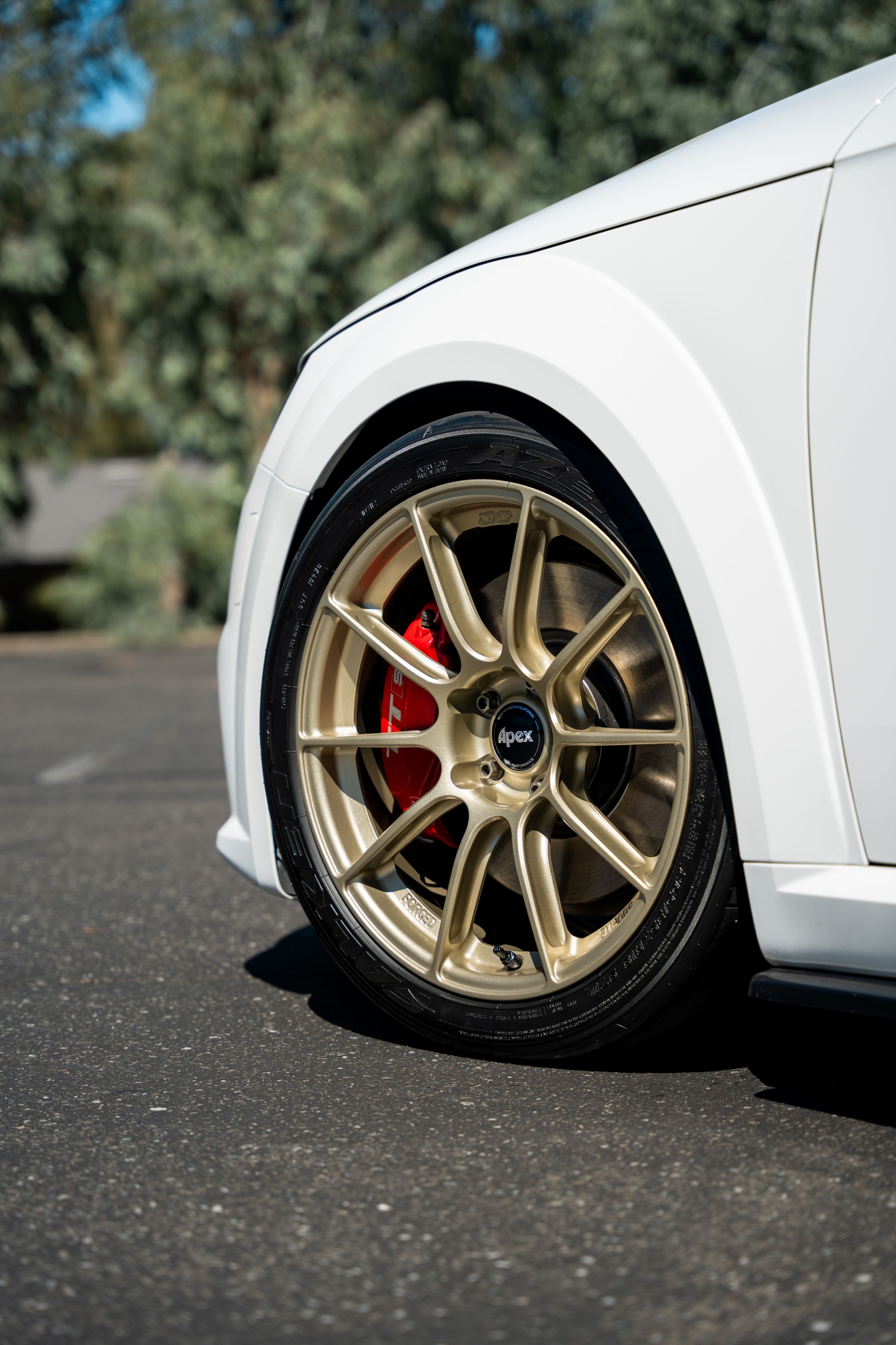 White Audi 8S TTS with 18" SM-10RS Apex wheels in Motorsport Gold