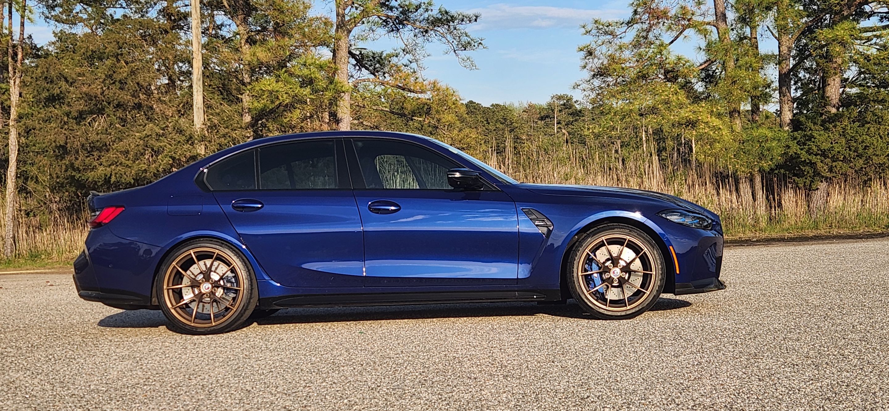 Blue BMW G80 M3 with 19"/20" VS-5RS Apex wheels in Satin Bronze