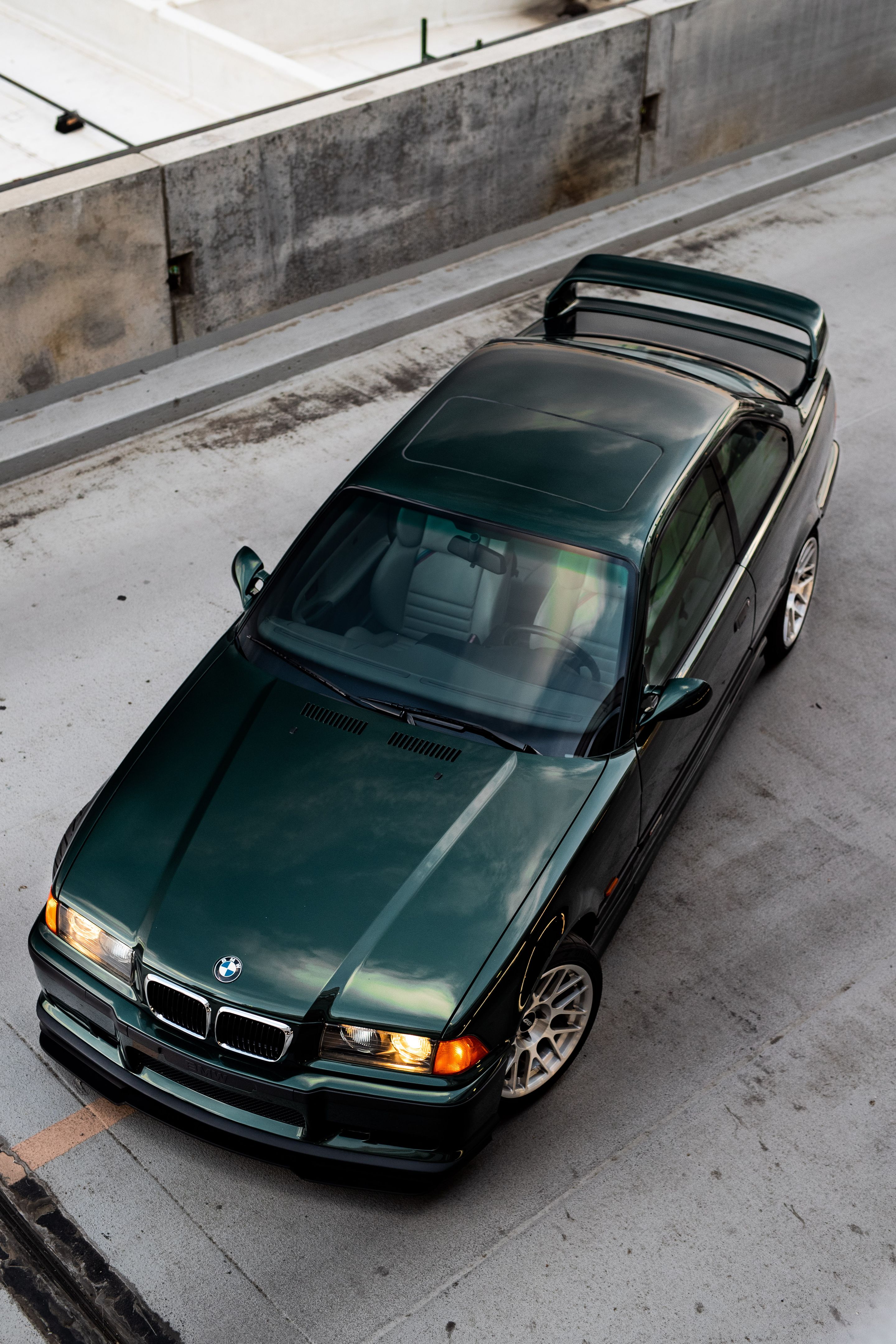 Green BMW E36 M3 with 17" ARC-8R Apex wheels in Brushed Clear