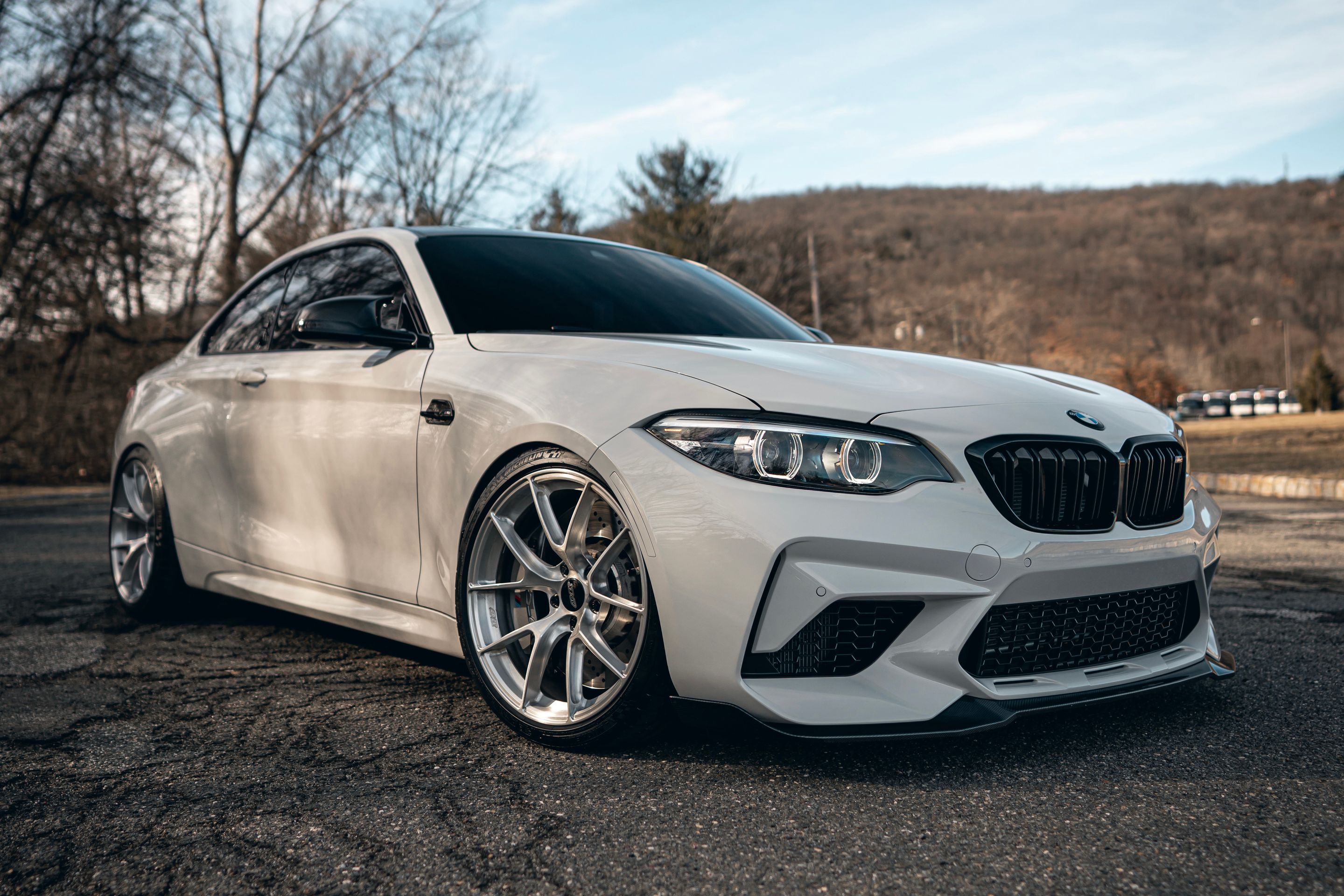 White BMW F87 M2 with 19" VS-5RS Apex wheels in Brushed Clear