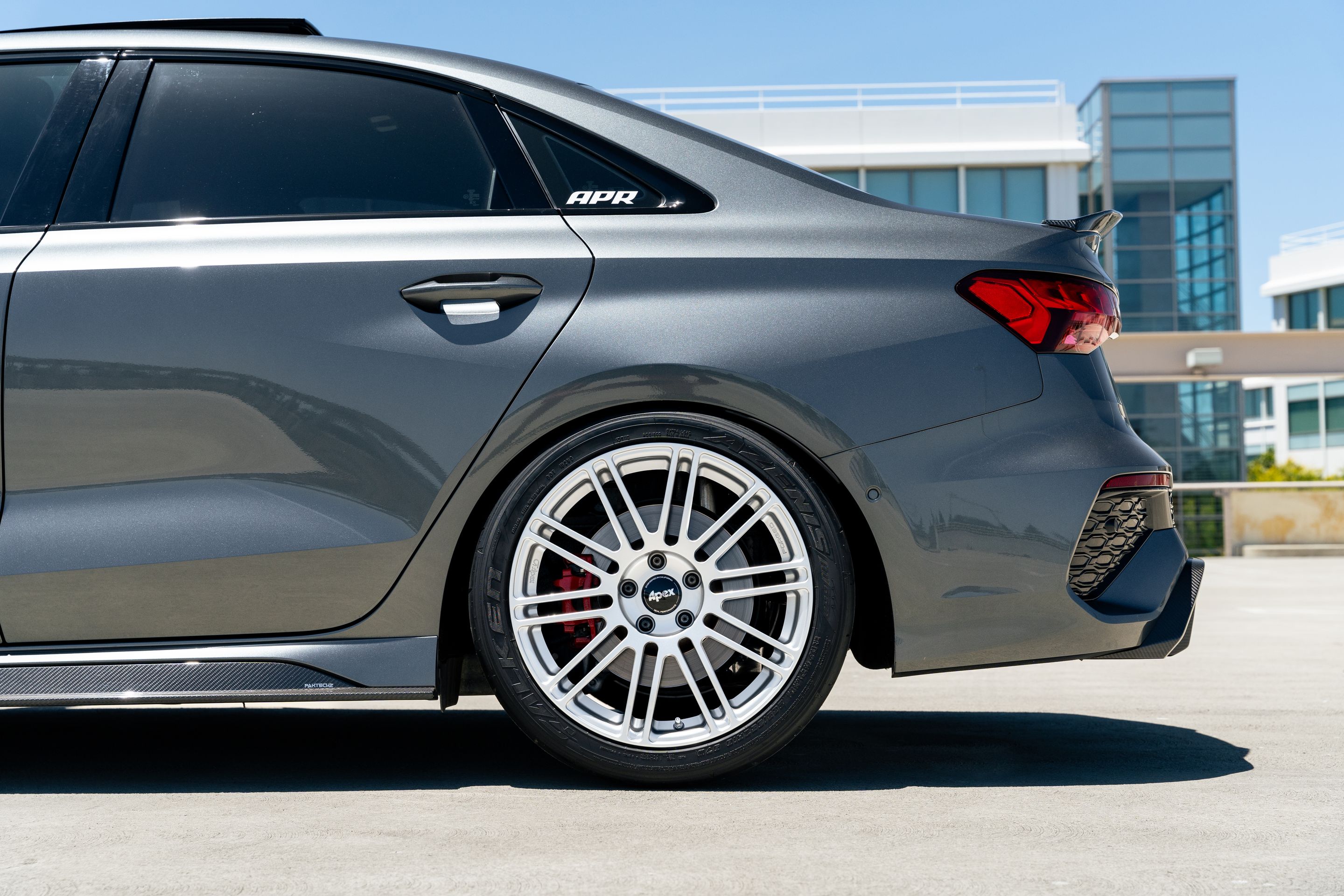 Grey Audi 8Y RS 3 with 18" TC-10RT Apex wheels in Race Silver