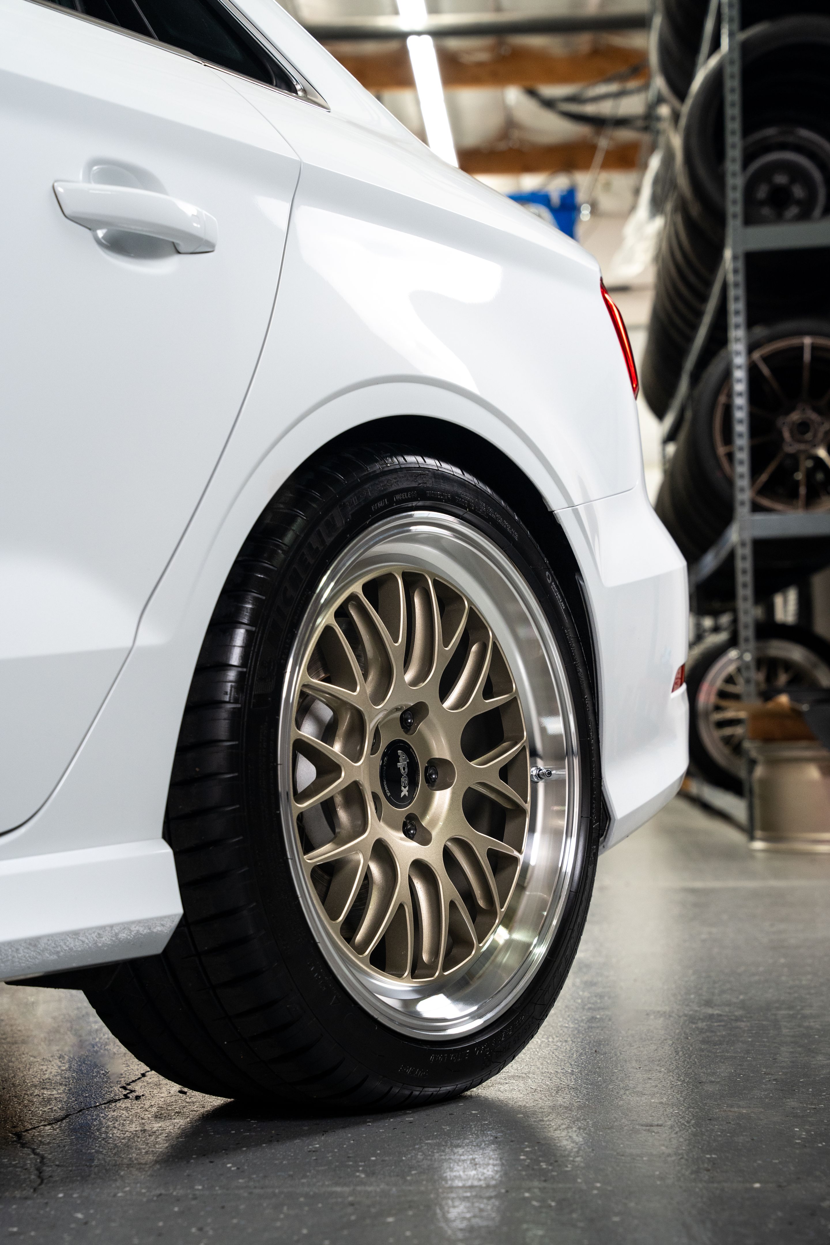 White Audi 8V S3 with 18" ML-10RT Apex wheels in Machined Lip Gloss Motorsport Gold