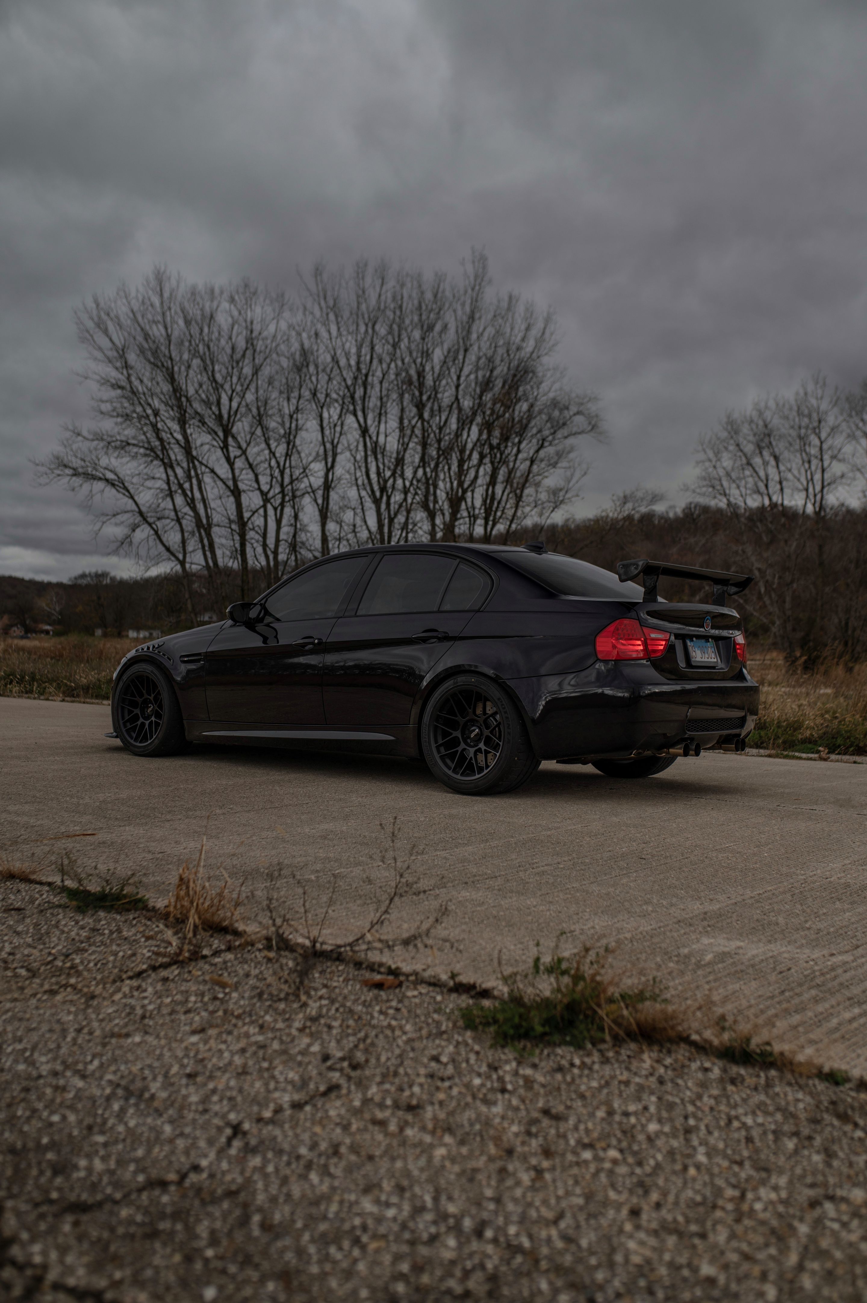 Black BMW E90 Sedan M3 with 18" ARC-8 Apex wheels in Satin Black
