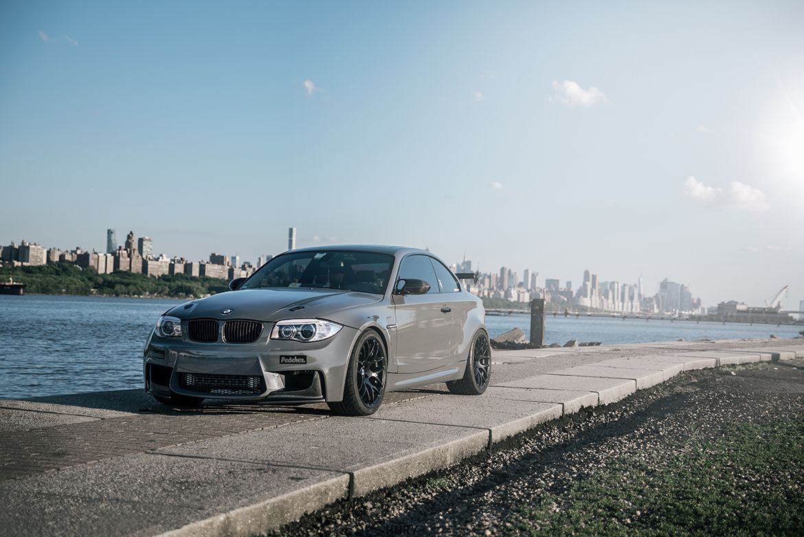 Grey BMW E82 Coupe 1 Series with 19" EC-7 Apex wheels in Satin Black