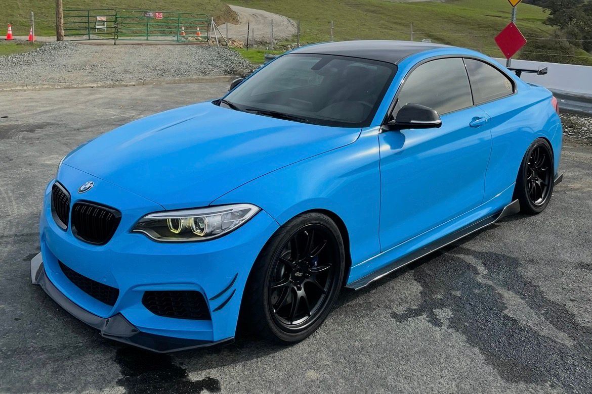 Blue BMW F22 Coupe 2 Series with 18" FL-5 Apex wheels in Satin Black