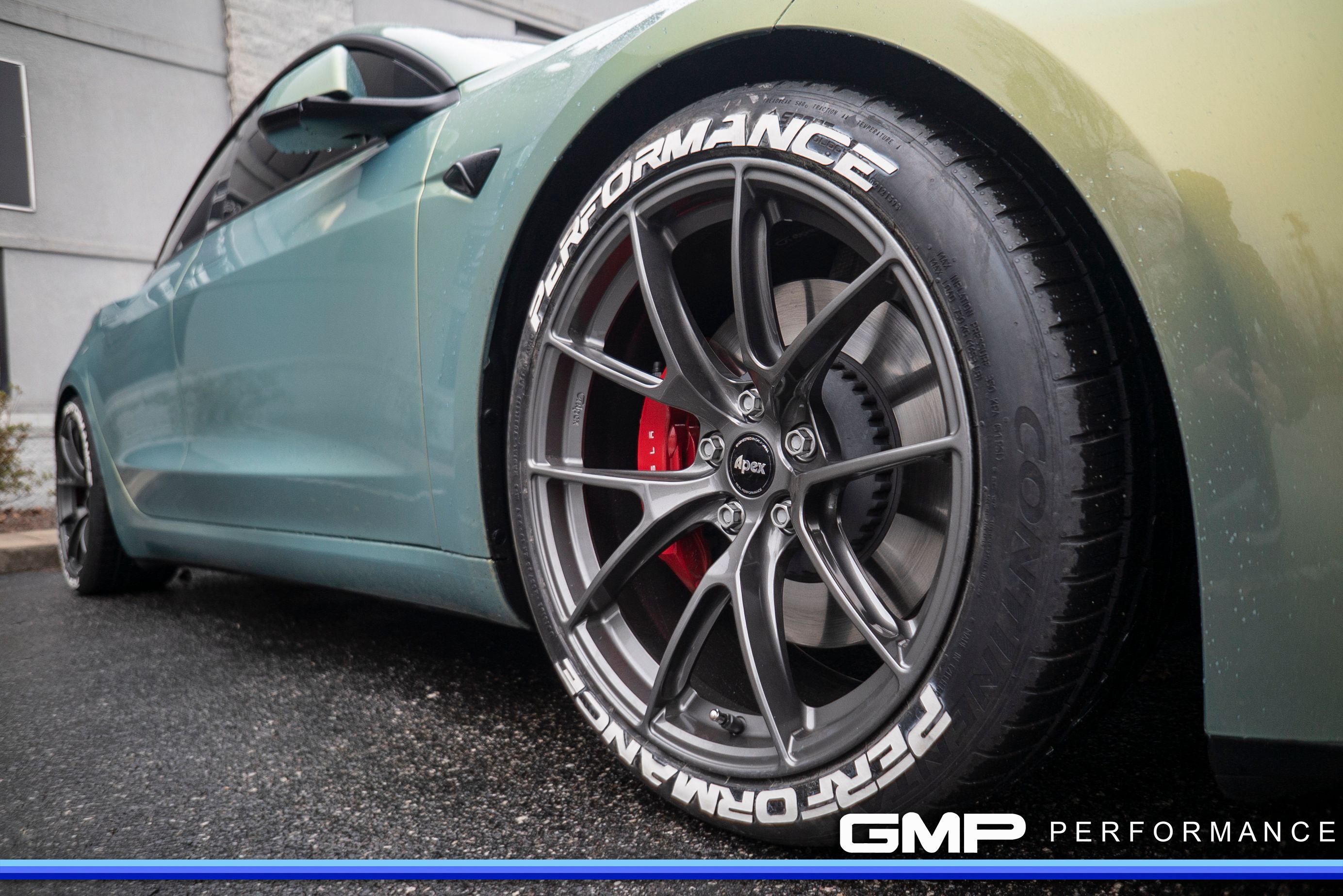 Green Tesla Model 3 with 19" VS-5RS Apex wheels in Brushed Clear