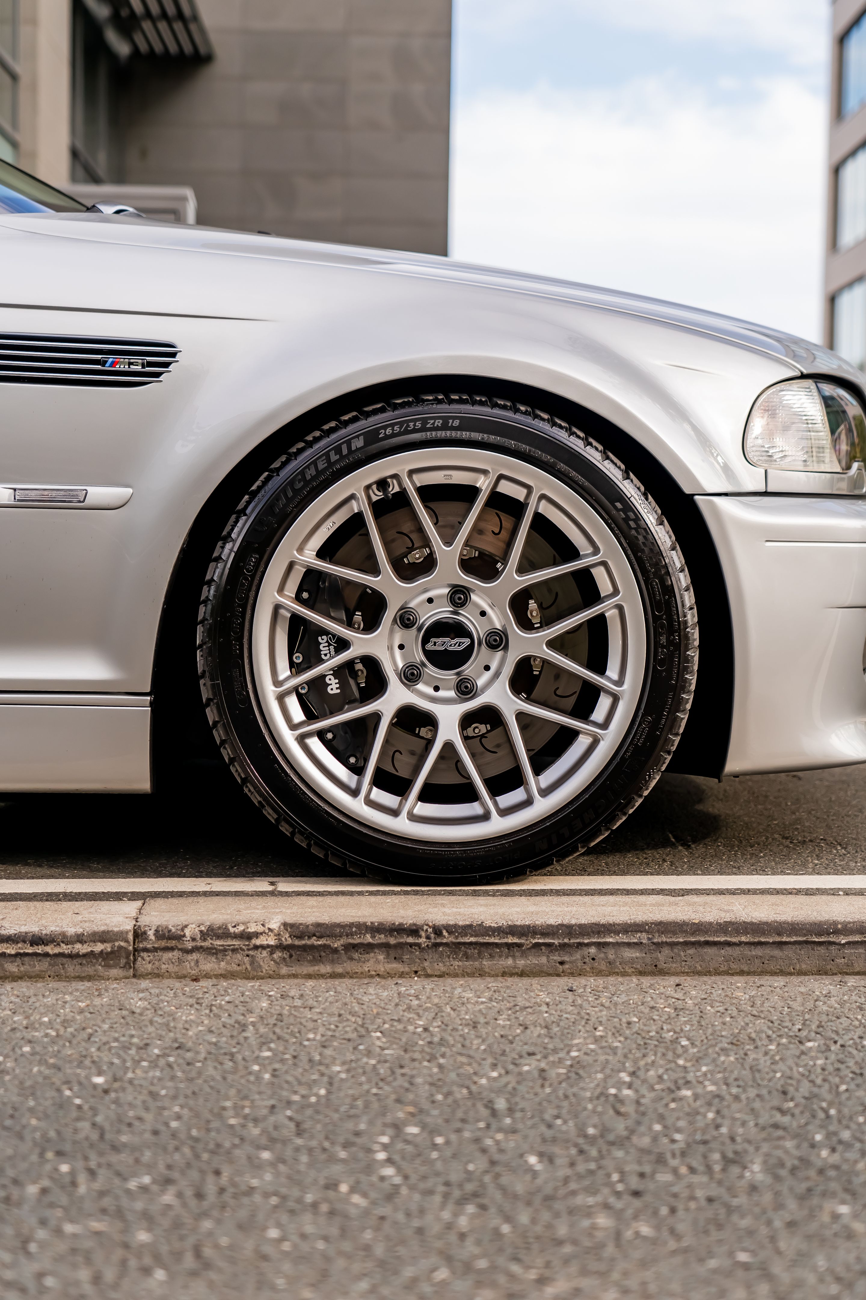Silver BMW E46 M3 with 18" ARC-8 Apex wheels in Race Silver