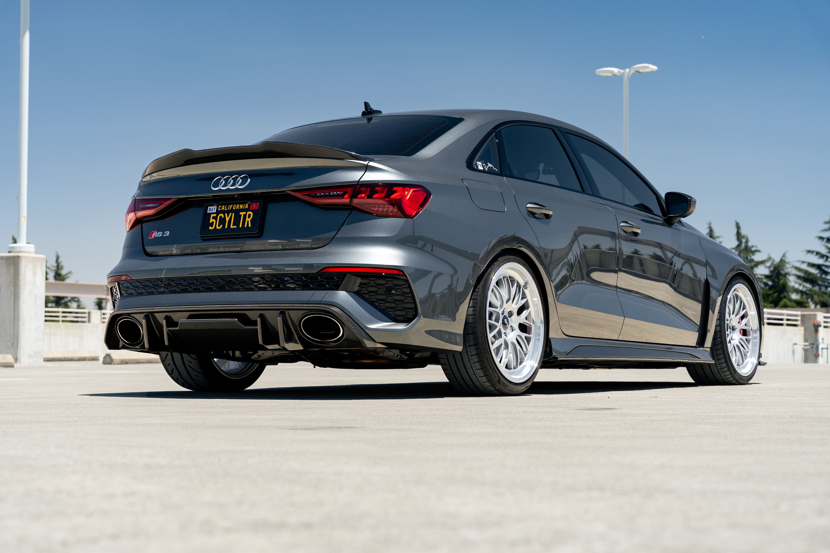 Grey Audi 8Y RS 3 with 19" ML-10RT Apex wheels in Machined Lip Race Silver