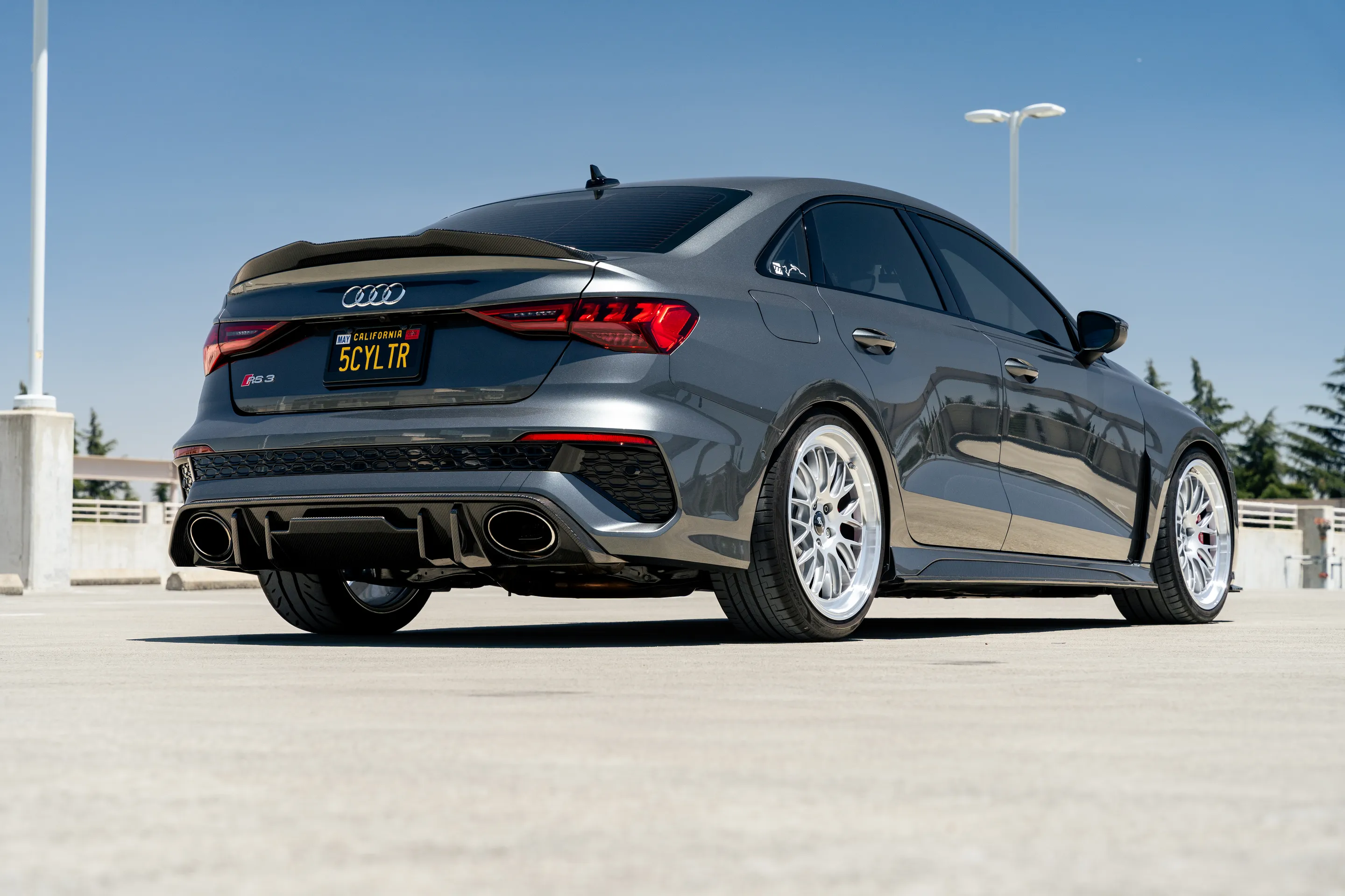 Grey Audi 8Y RS 3 with 19" ML-10RT Apex wheels in Machined Lip Race Silver