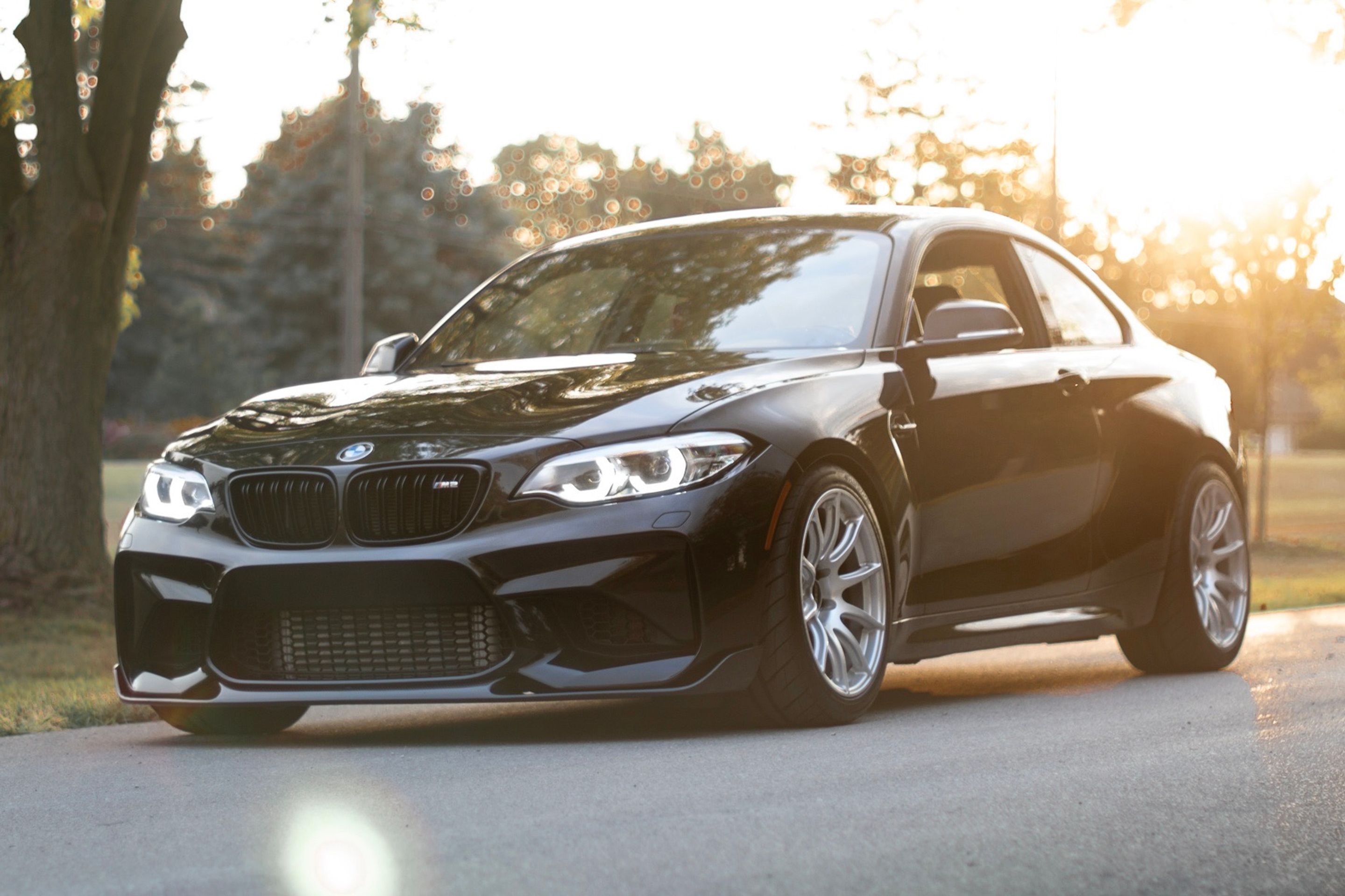 Black BMW F87 M2 with 18" SM-10 Apex wheels in Race Silver