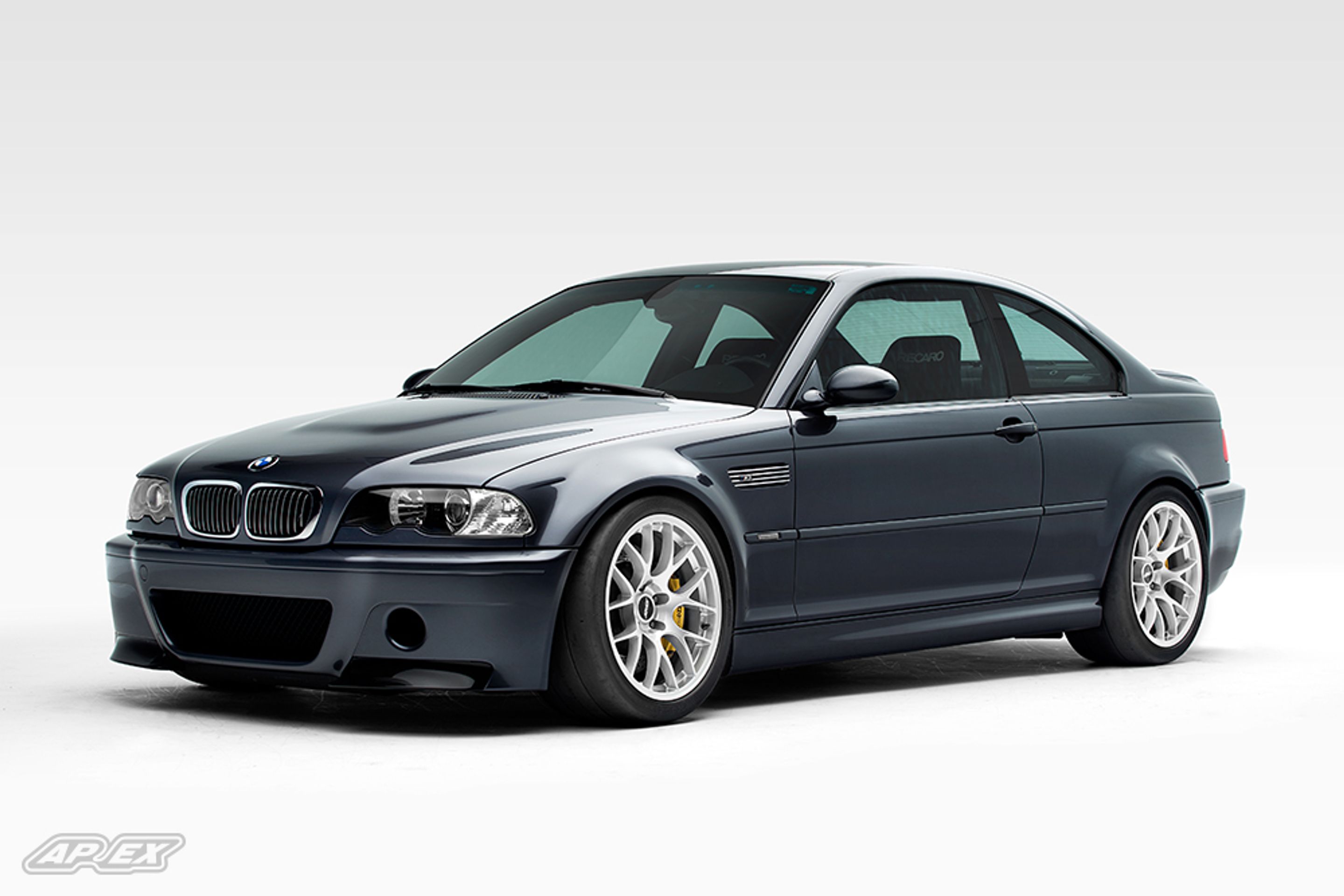 Grey BMW E46 M3 with 18" EC-7 Apex wheels in Race Silver
