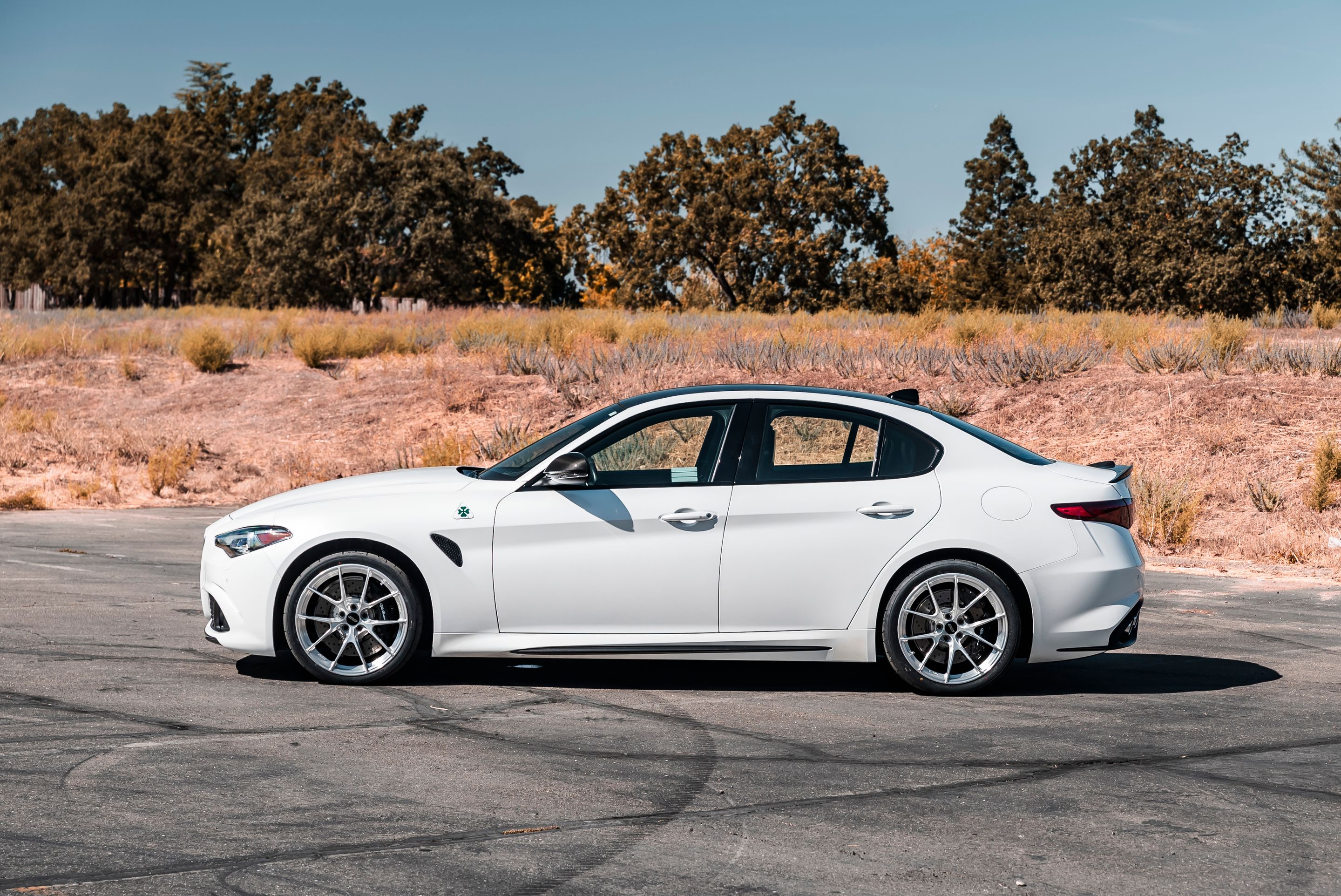 White Alfa Romeo Giulia Quadrifoglio with 19" VS-5RS Apex wheels in Brushed Clear