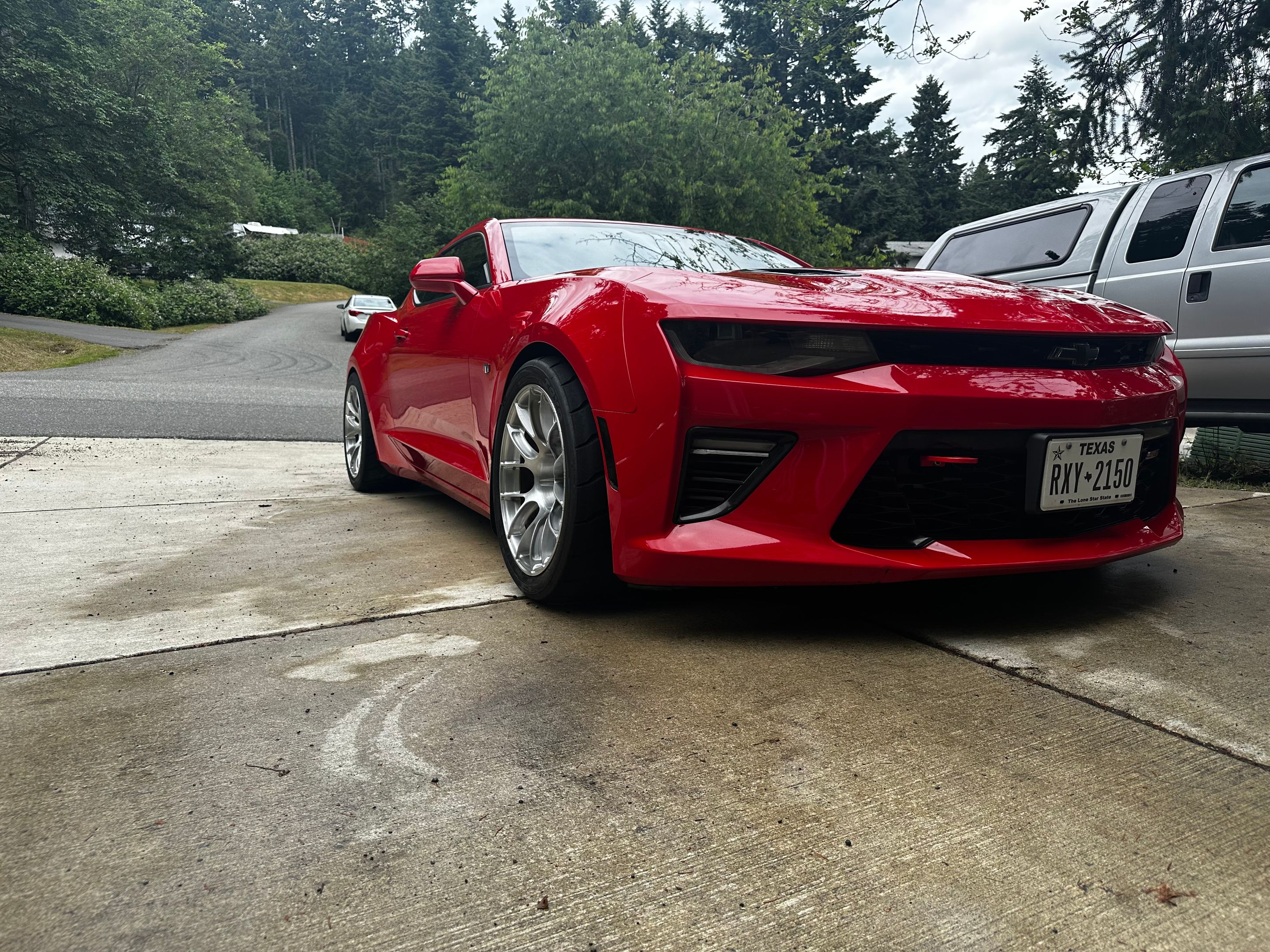 Red Chevrolet 6th Gen Camaro SS with 18" EC-7RS Apex wheels in Brushed Clear