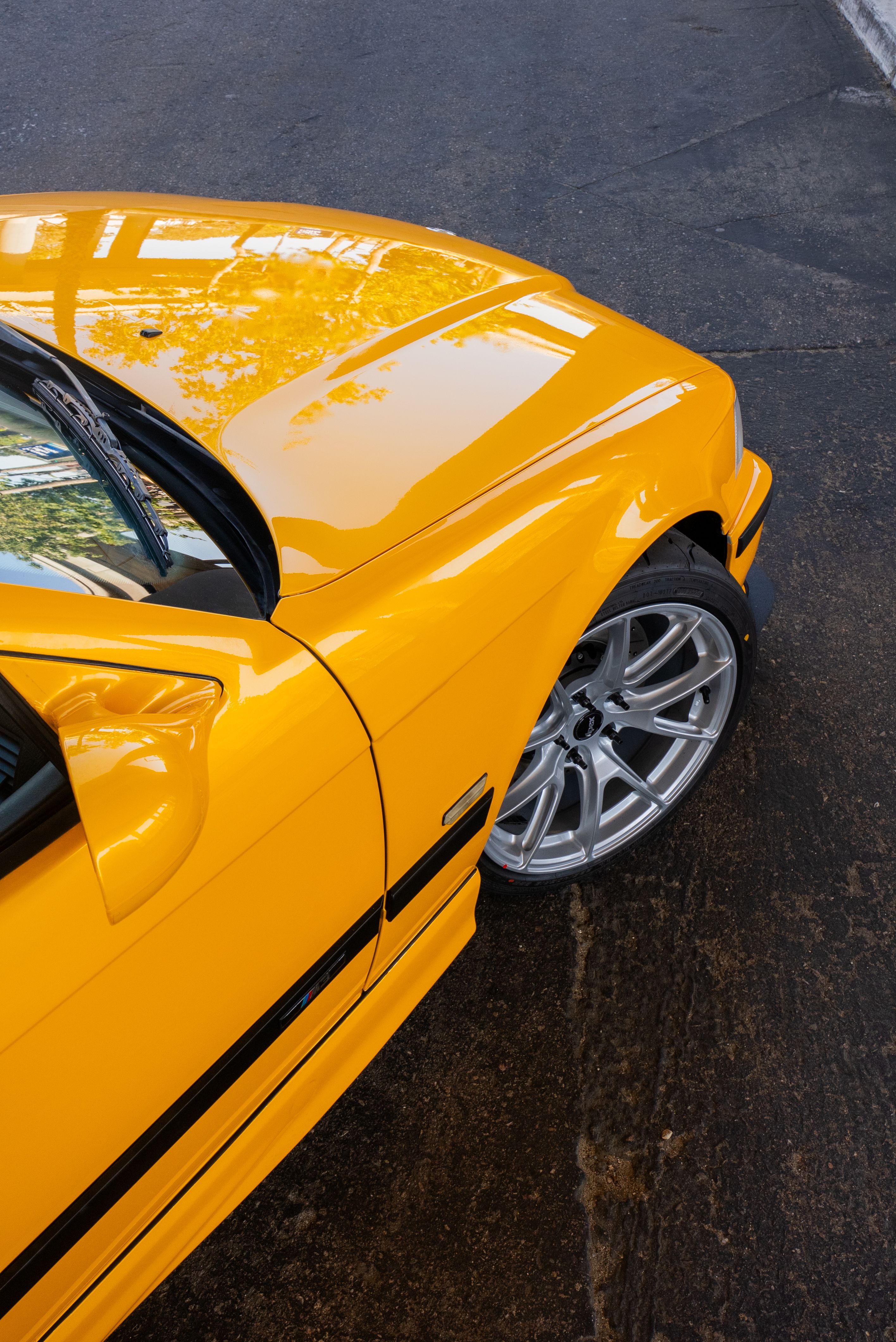 Yellow BMW E36 M3 with 18" VS-5 Apex wheels in Race Silver