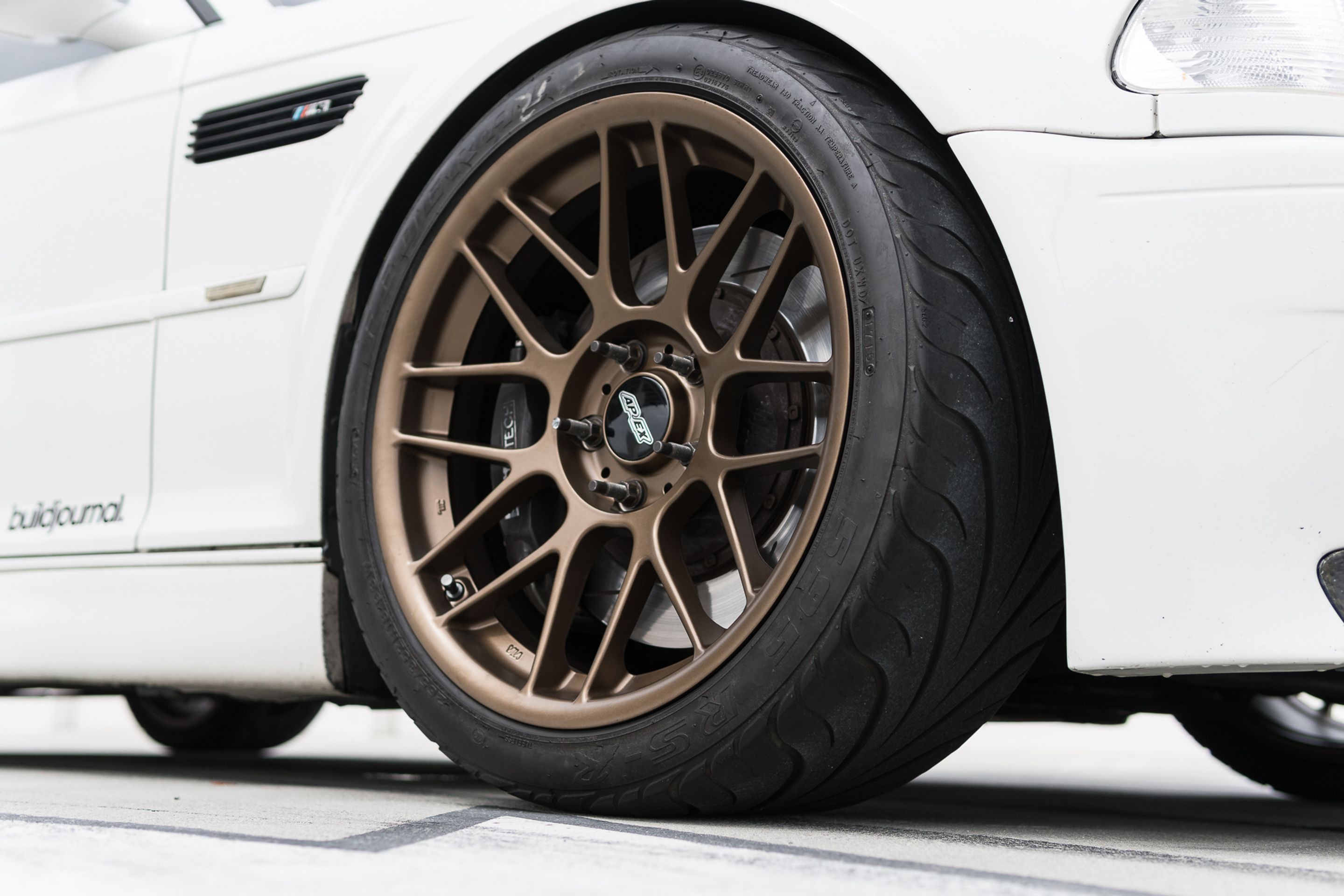 White BMW E46 M3 with 18" ARC-8 Apex wheels in Satin Bronze