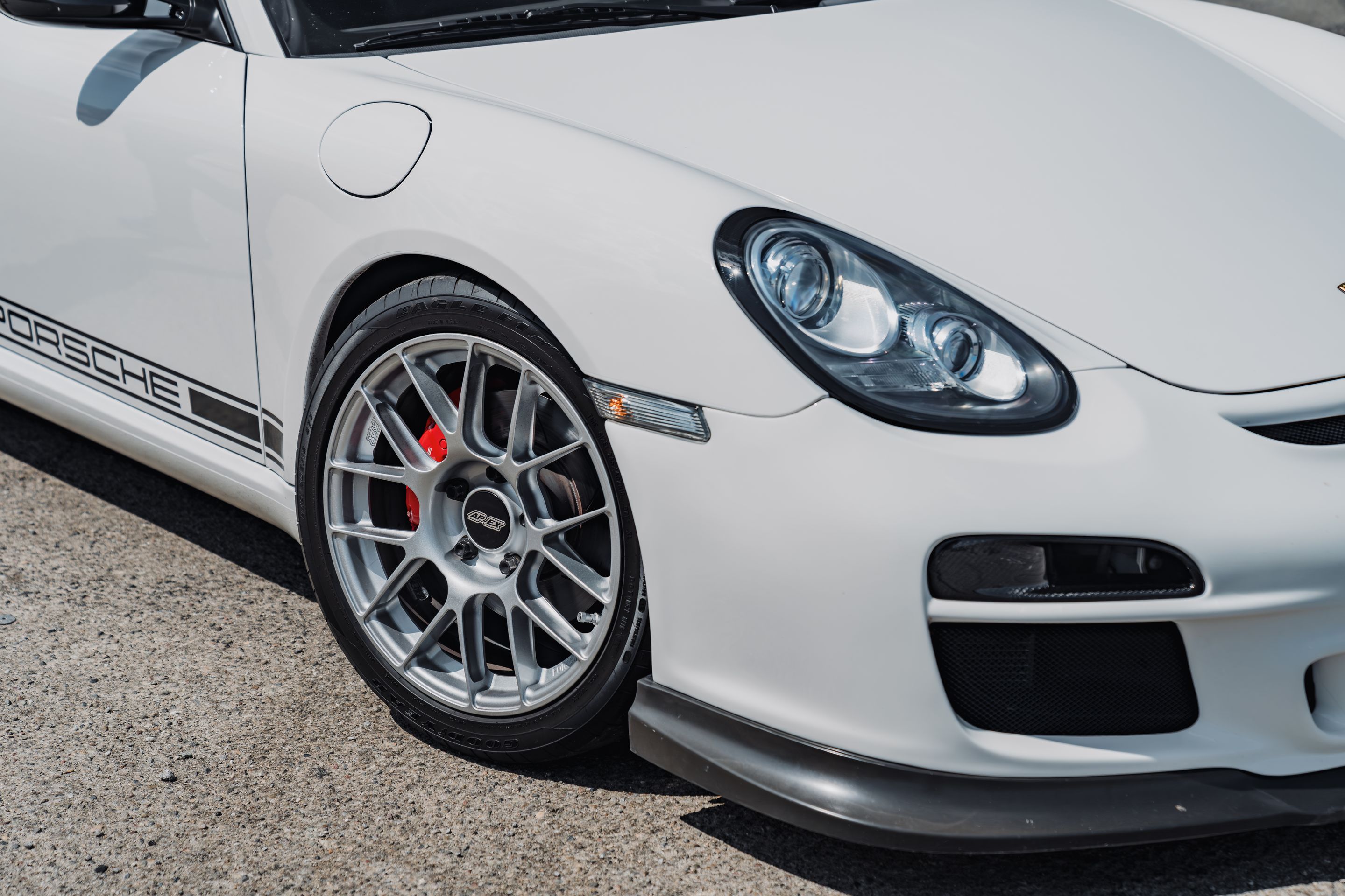 White Porsche 987 Cayman R with 18" EC-7RS Apex wheels in Race Silver