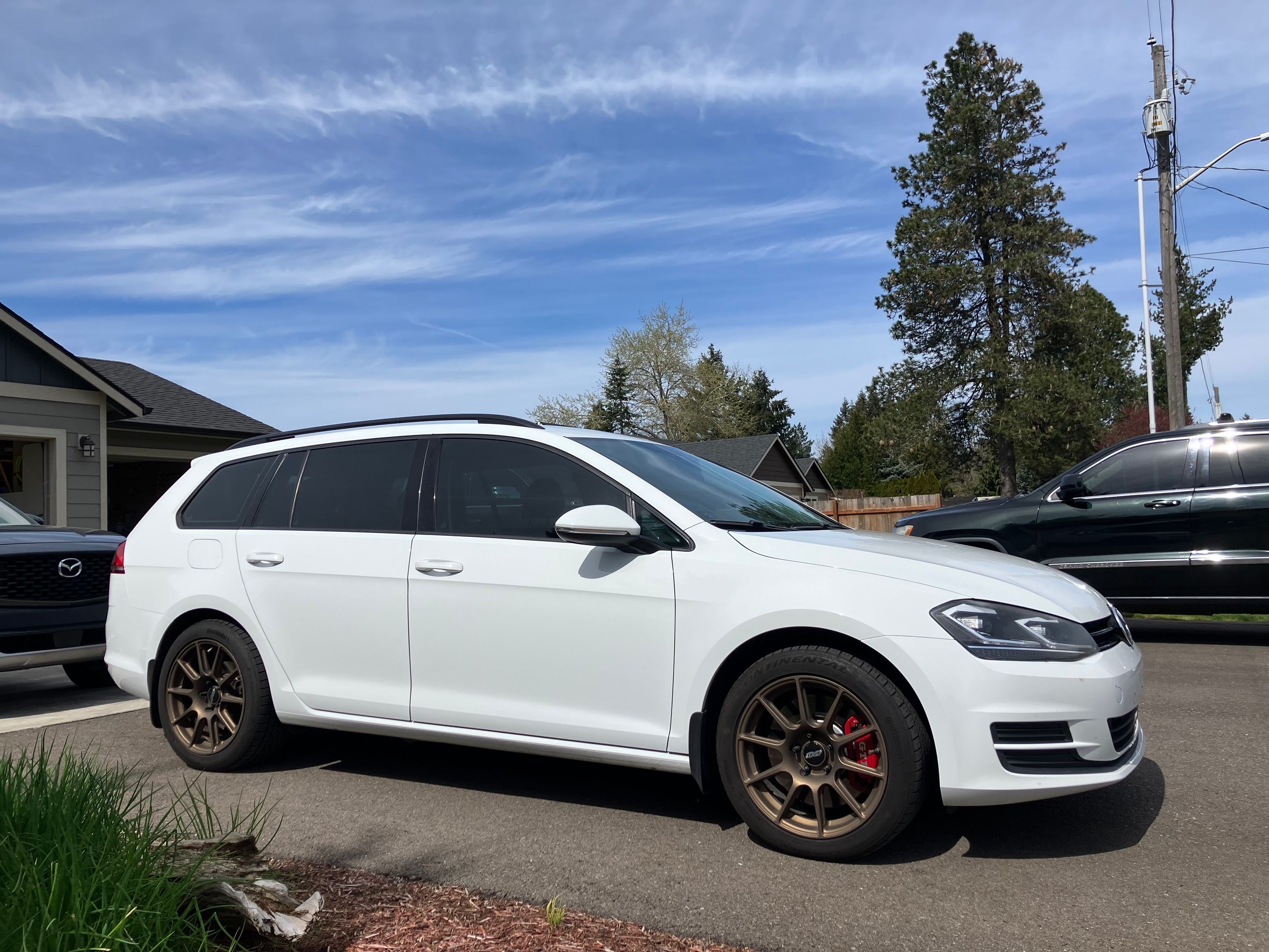 White VW MK7 Alltrack/SportWagen Golf SportWagen with 17" VS-5 Apex wheels in Satin Bronze