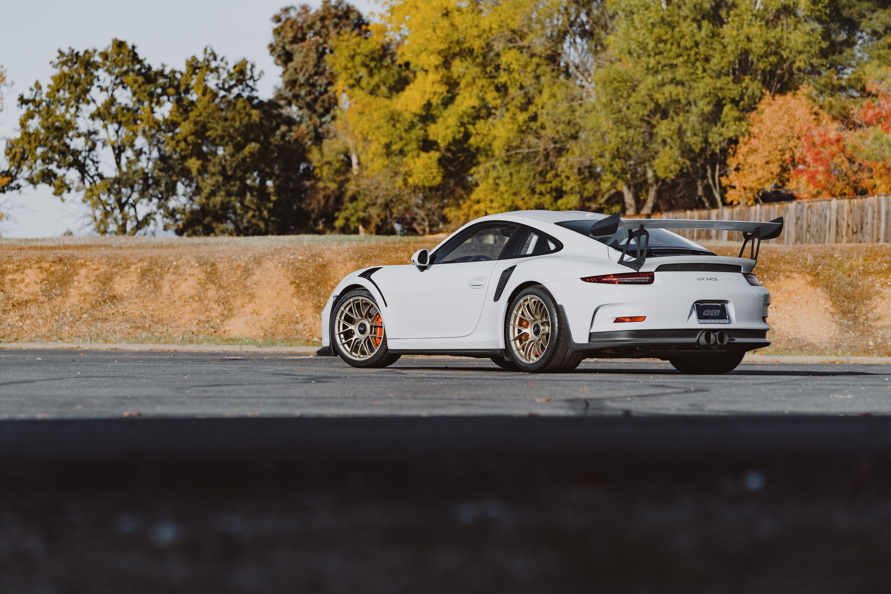 White Porsche 911 991.1 GT3 RS with 19" EC-7RS Apex wheels in Motorsport Gold