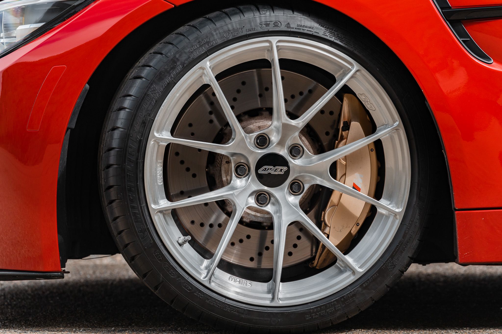 Red BMW F82 Coupe M4 with 19" VS-5RS Apex wheels in Brushed Clear
