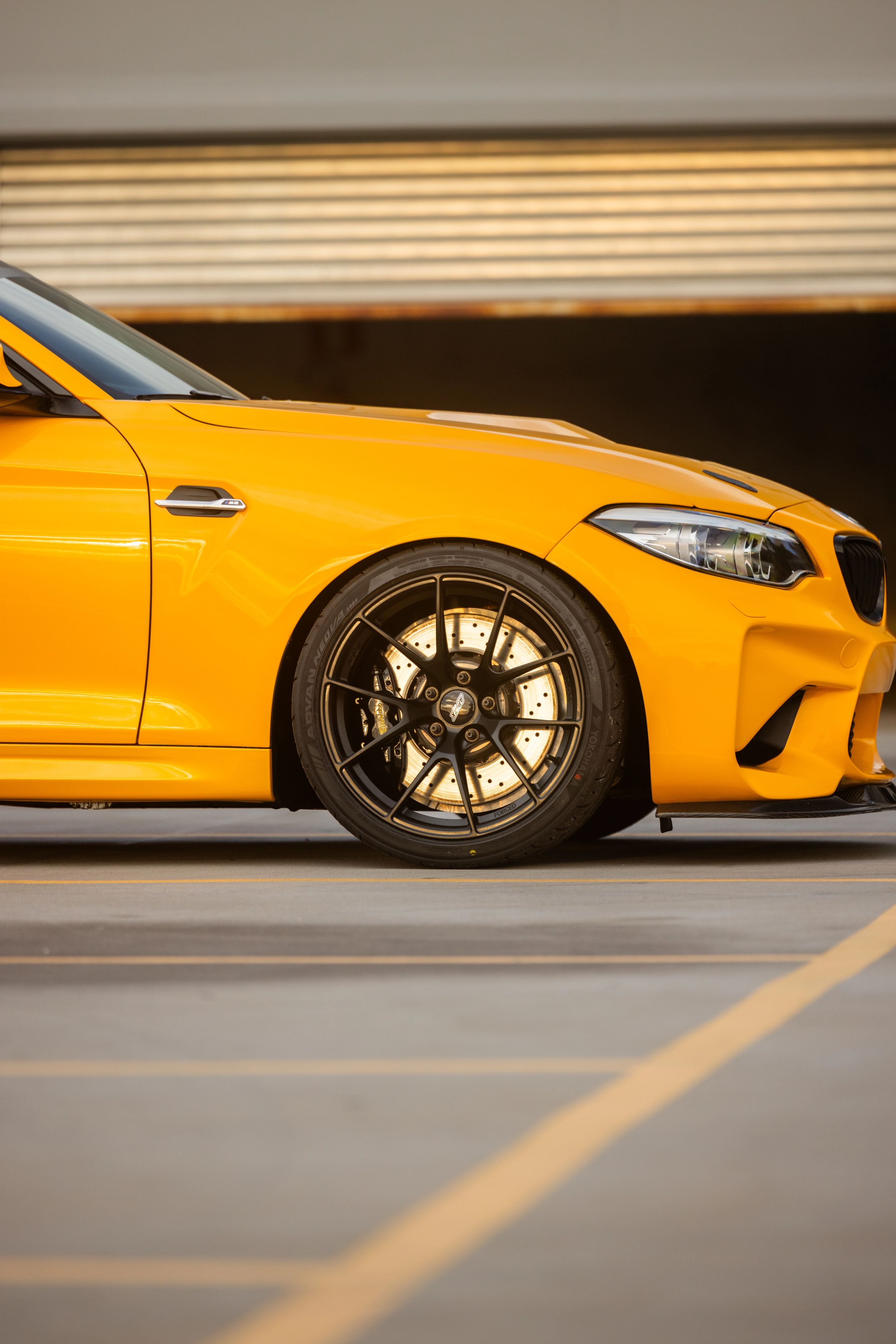 Yellow BMW F87 M2 with 19" VS-5RS Apex wheels in Satin Black