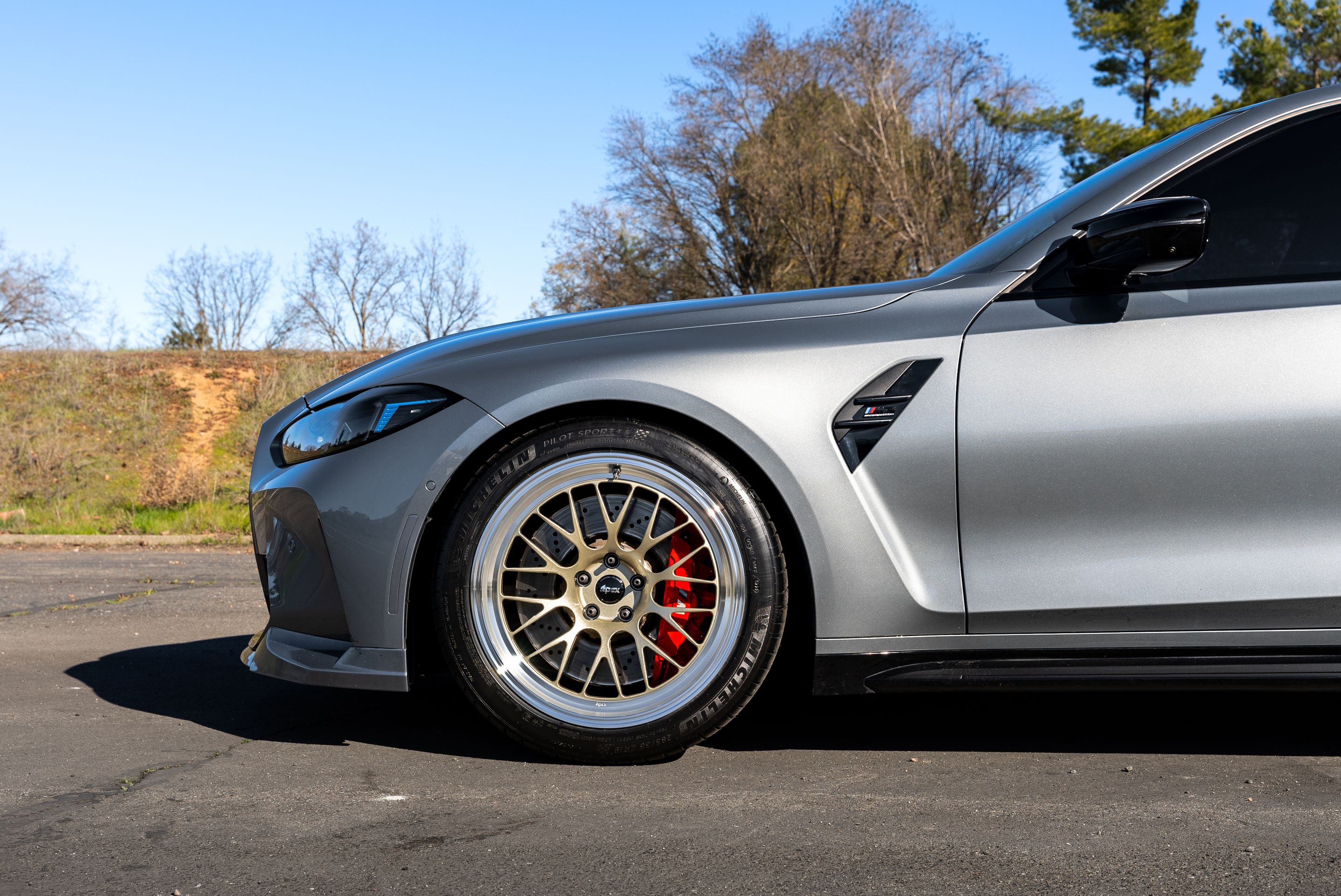 Grey BMW G80 M3 with 19" ML-10RT Apex wheels in Machined Lip Gloss Motorsport Gold