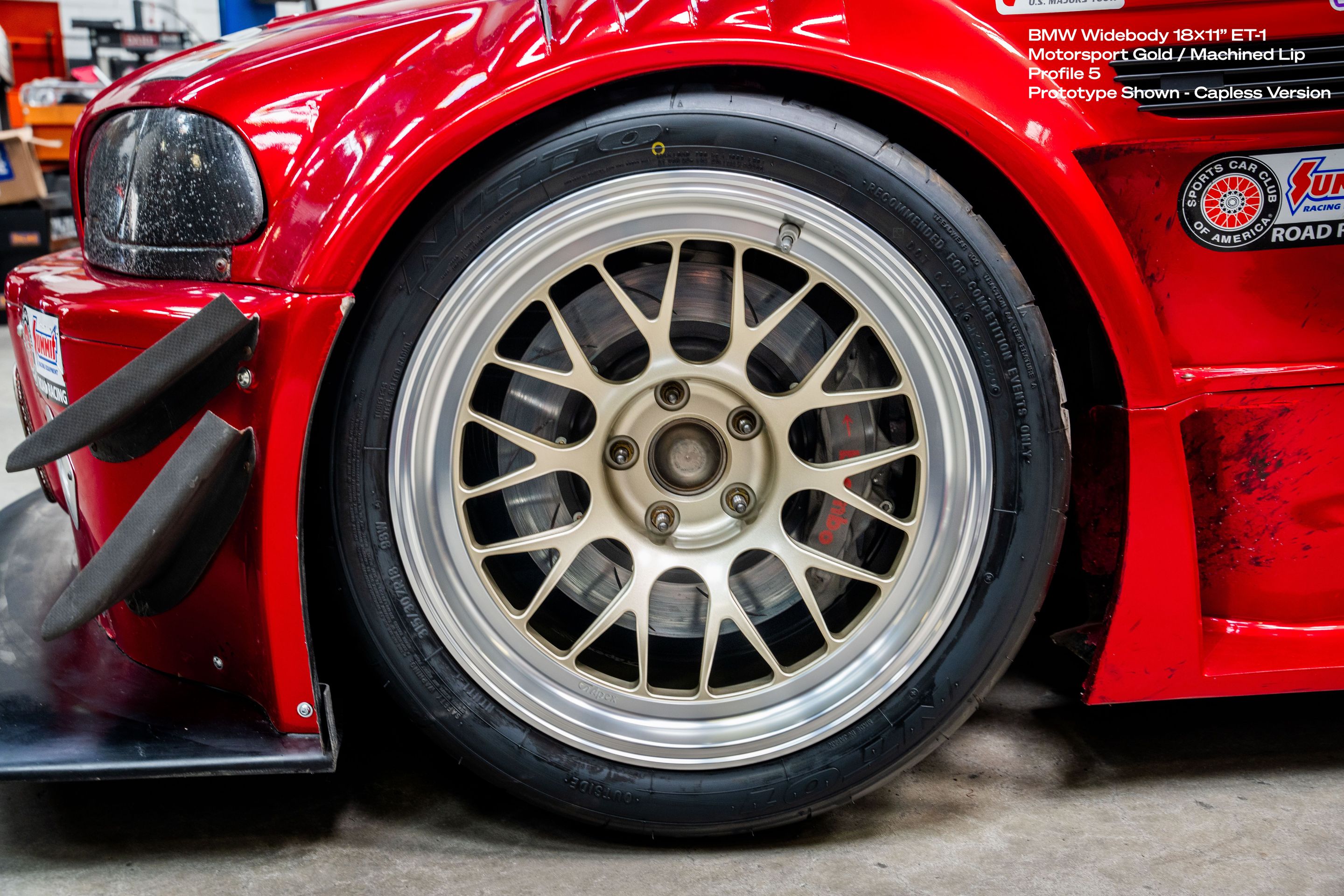 Red BMW E46 M3 with 18" ML-10RT Apex wheels in Machined Lip Gloss Motorsport Gold