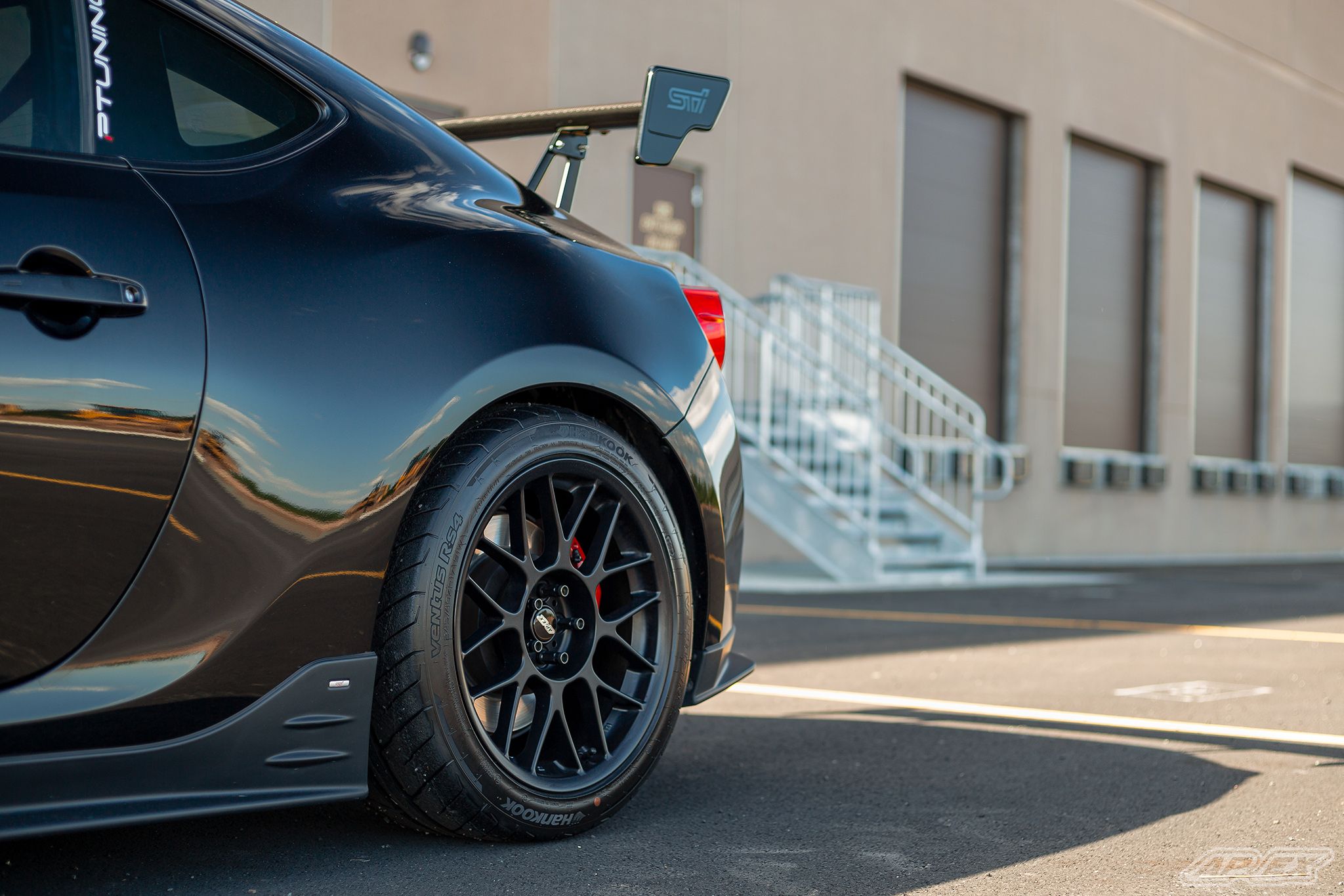 Black Subaru ZC6 / Gen 1 BRZ with 17" ARC-8 Apex wheels in Satin Black
