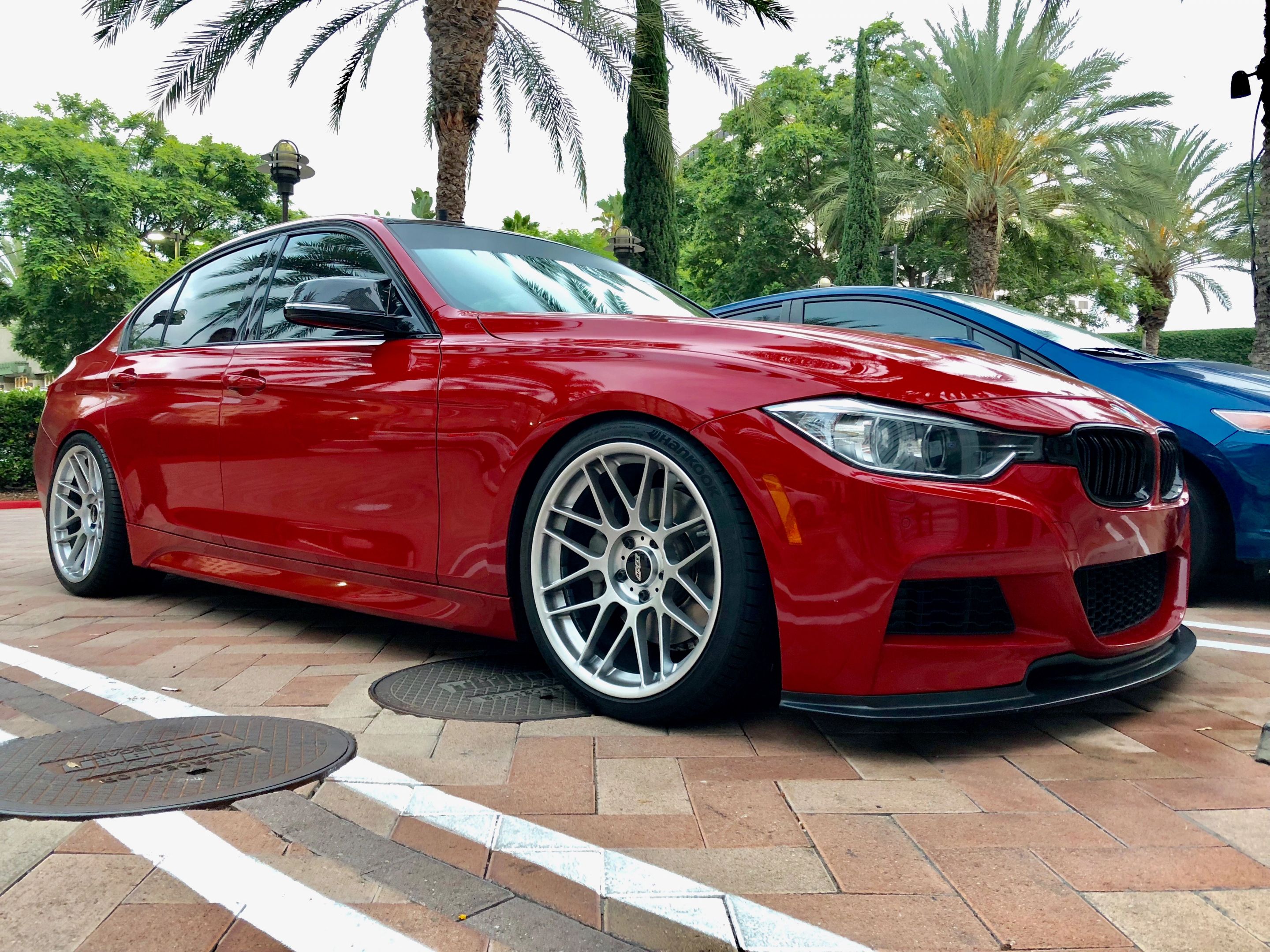 Red BMW F30 Sedan 3 Series with 19" ARC-8 Apex wheels in Hyper Silver