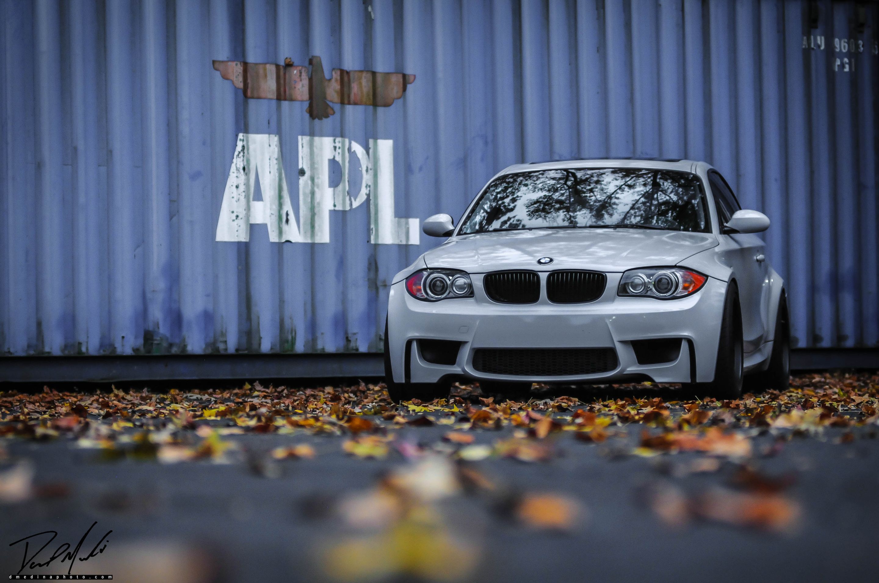 White BMW E82 1M with 18" FL-5 Apex wheels in Satin Black