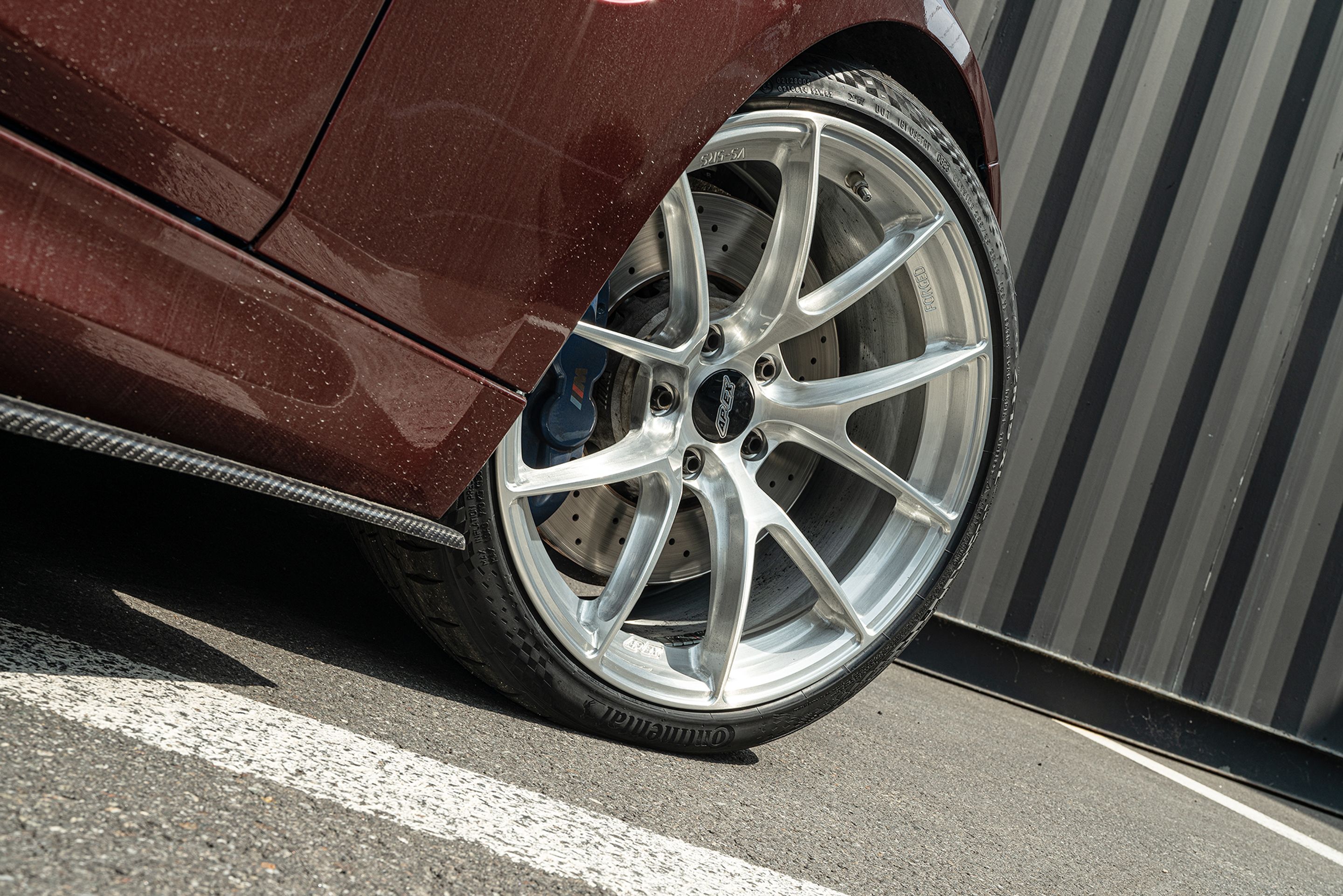 Red BMW F80 M3 with 19" VS-5RS Apex wheels in Brushed Clear