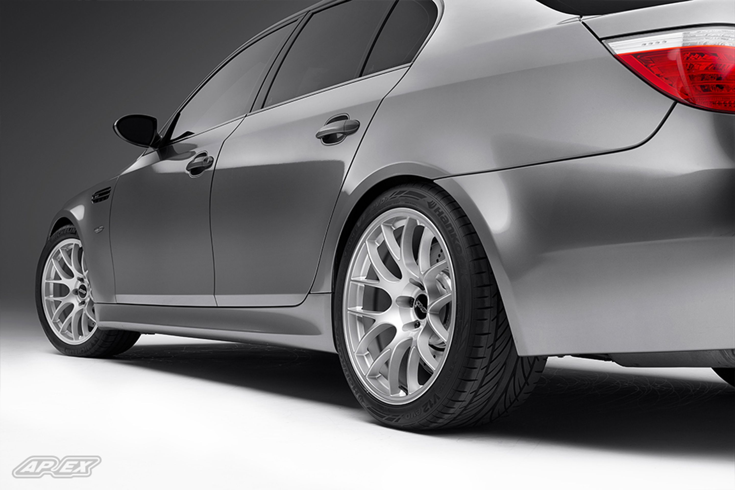 Grey BMW E60 M5 with 19" EC-7 Apex wheels in Race Silver