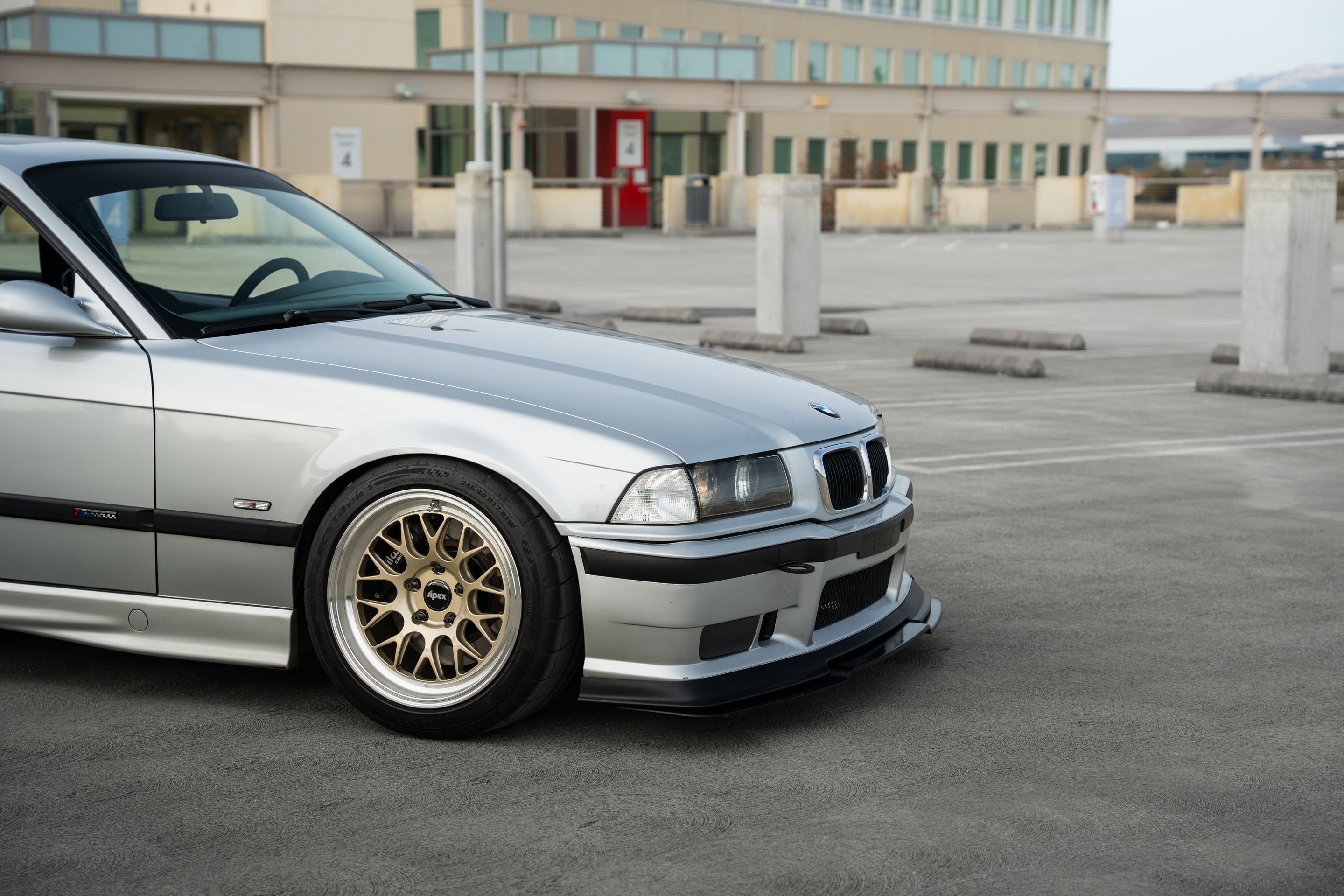 Silver BMW E36 3 Series with 17" ML-10RT Apex wheels in Machined Lip Gloss Motorsport Gold
