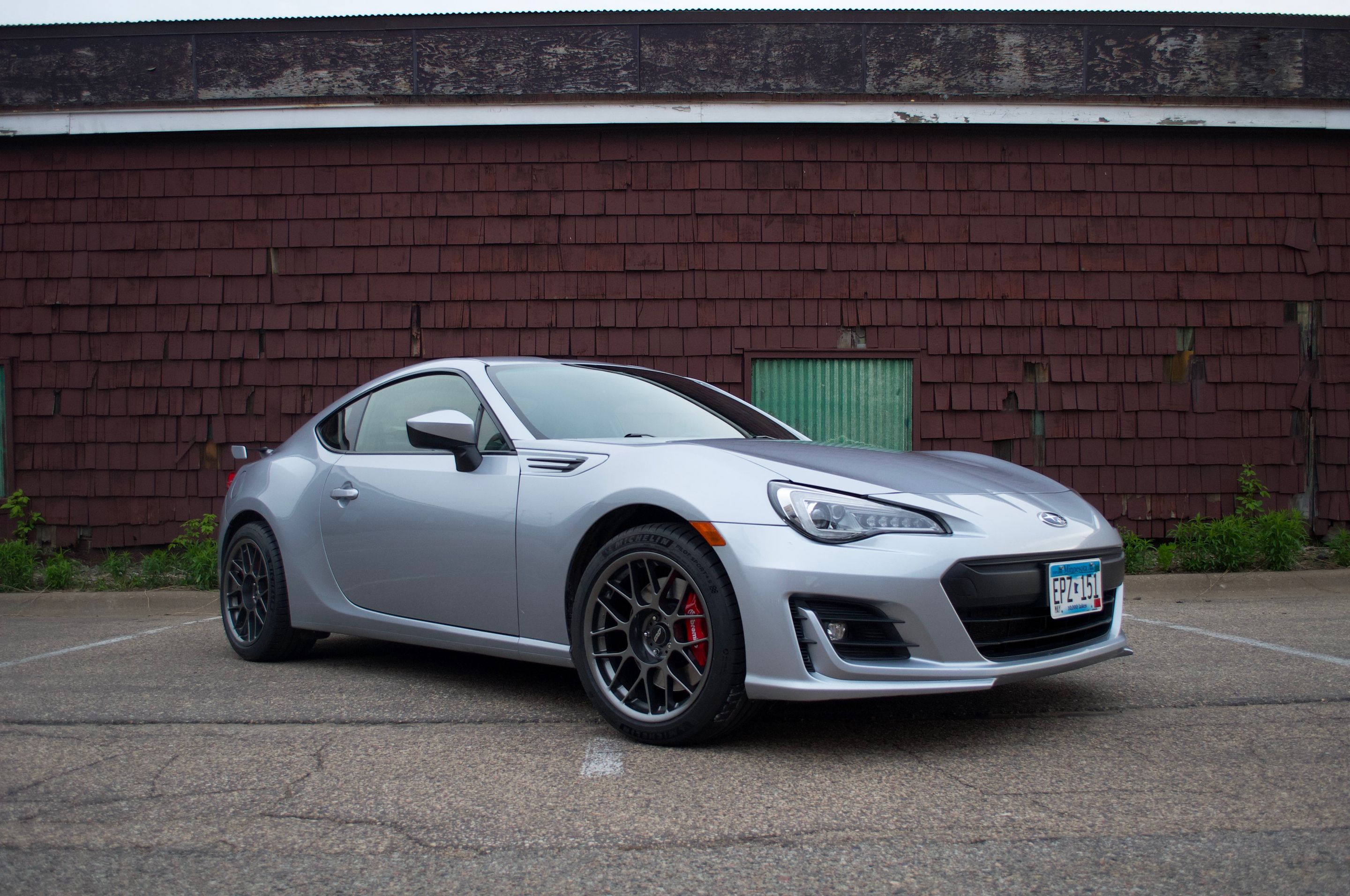 Silver Subaru ZC6 / Gen 1 BRZ with 17" ARC-8 Apex wheels in Anthracite