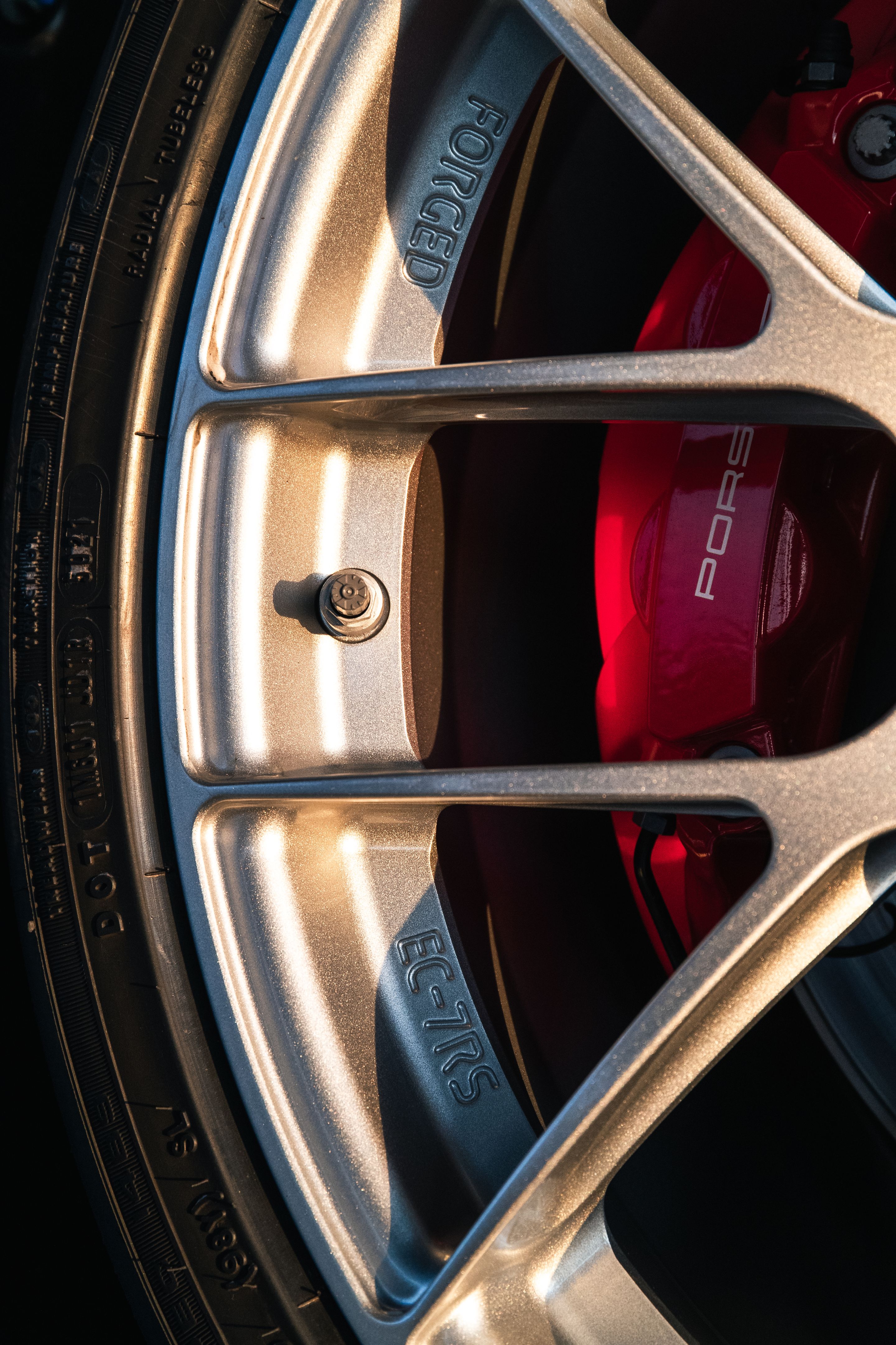 Blue Porsche 718 Cayman GT4 RS with 19" EC-7RS Apex wheels in Race Silver