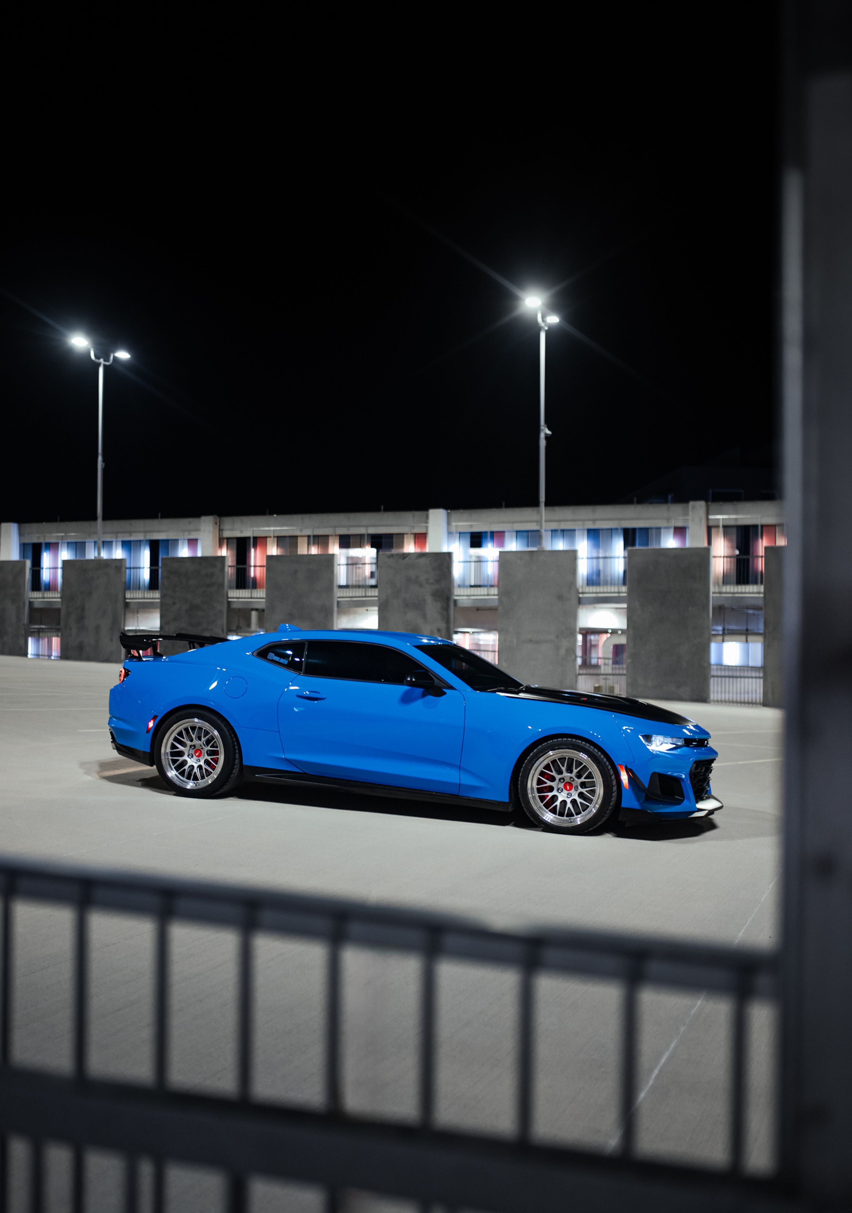 Blue Chevrolet 6th Gen Camaro ZL1 1LE with 19" ML-10RT Apex wheels in Machined Lip Race Silver
