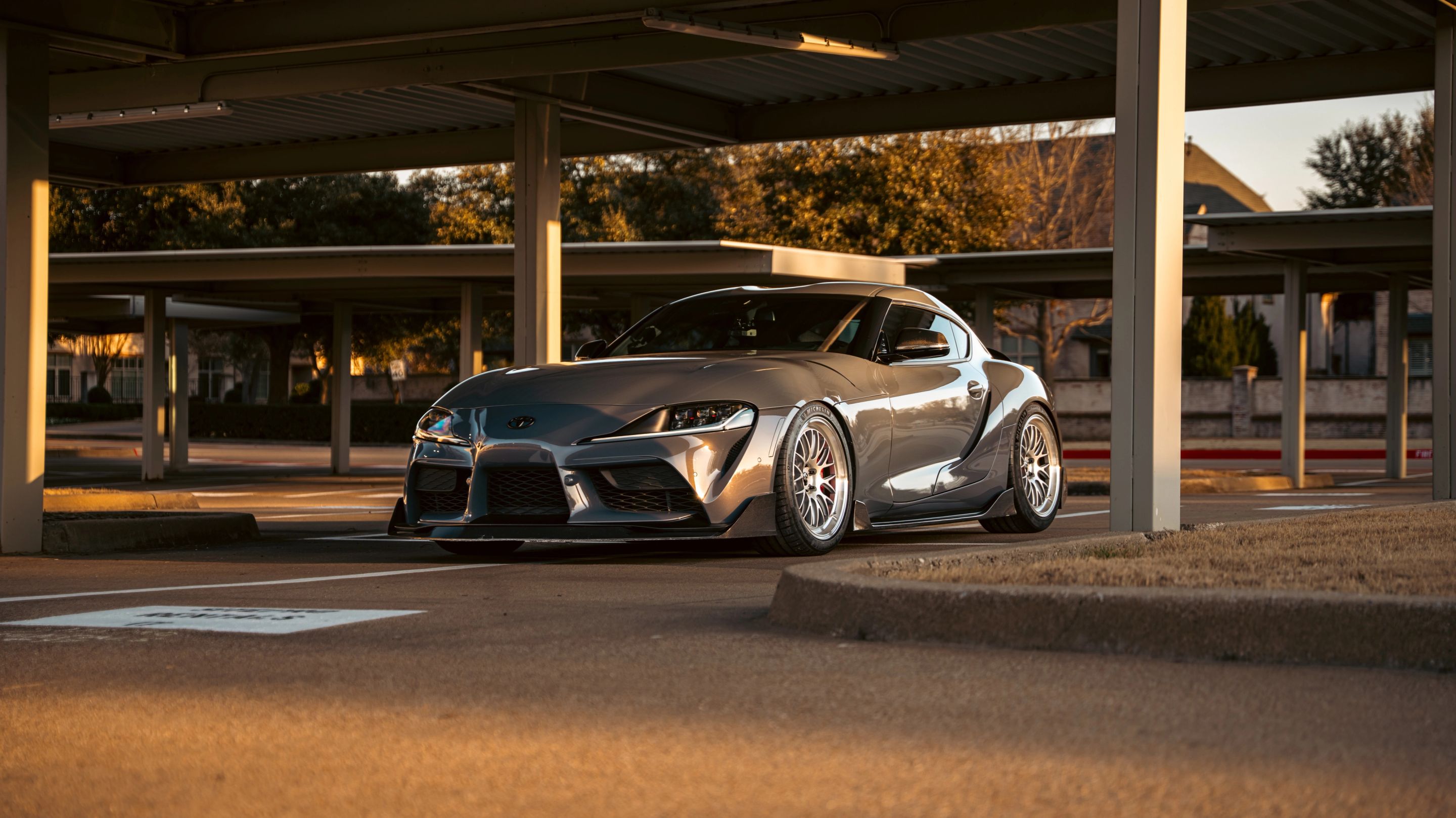 Grey Toyota GR Supra with 19" ML-10RT Apex wheels in Machined Lip Race Silver