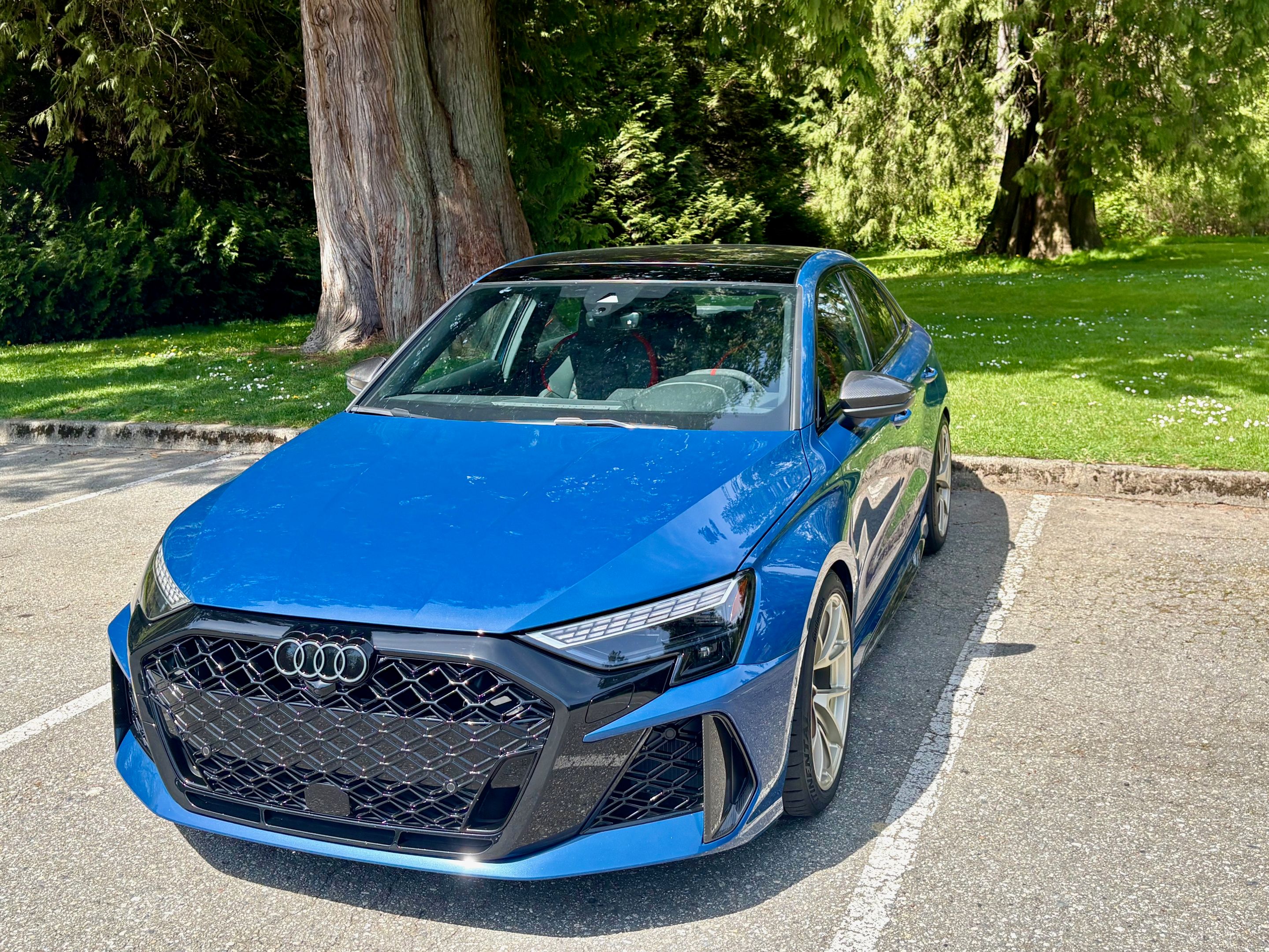 Blue Audi 8Y RS 3 with 18" VS-5RS Apex wheels in Motorsport Gold