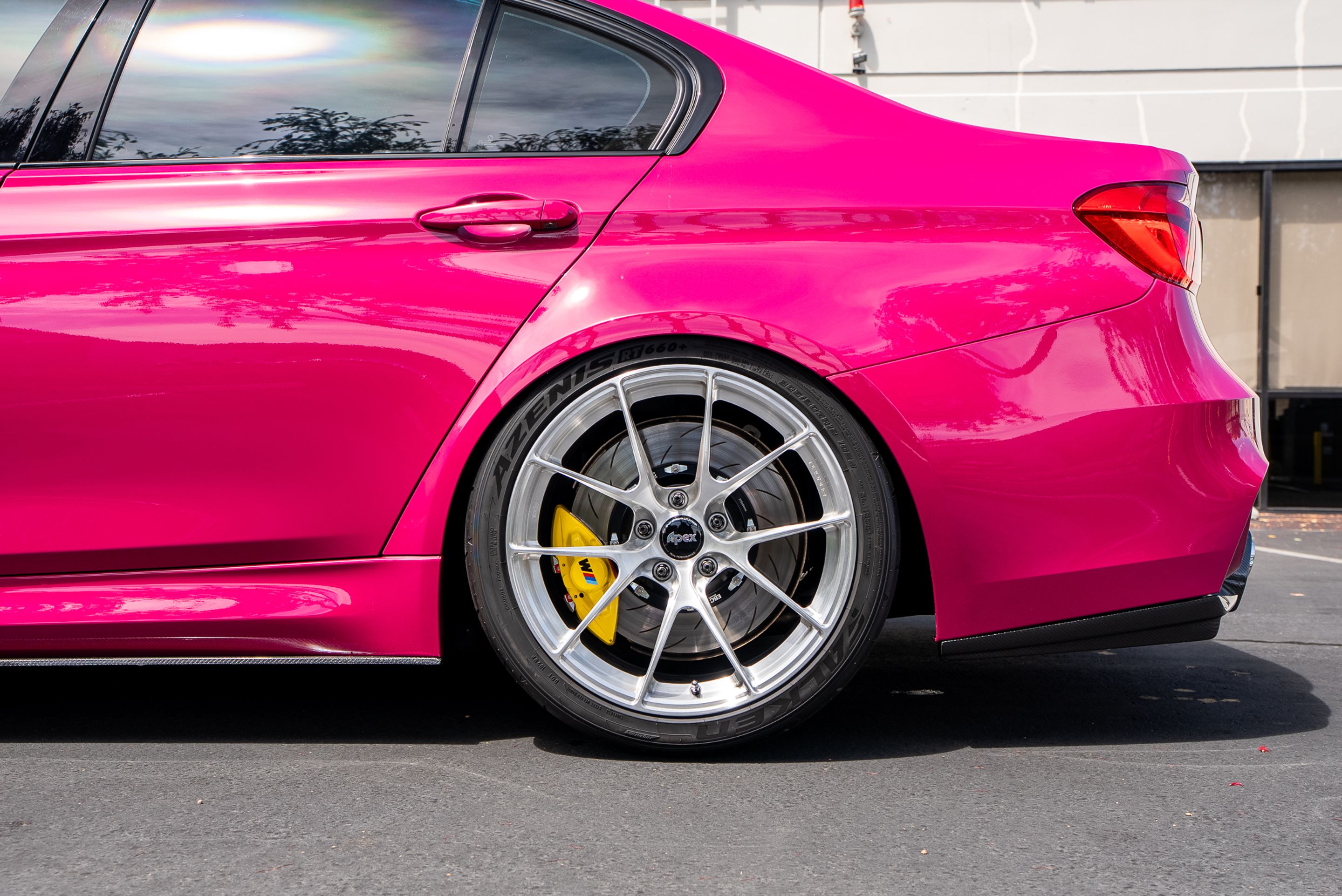 Pink BMW F80 M3 with 19" VS-5RS Apex wheels in Brushed Clear