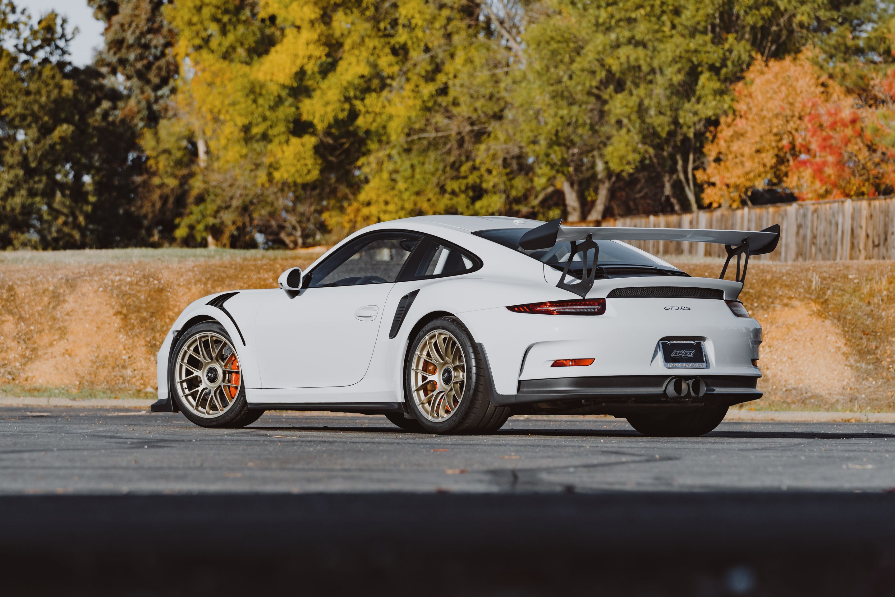 White Porsche 911 991.1 GT3 RS with 19" EC-7RS Apex wheels in Motorsport Gold