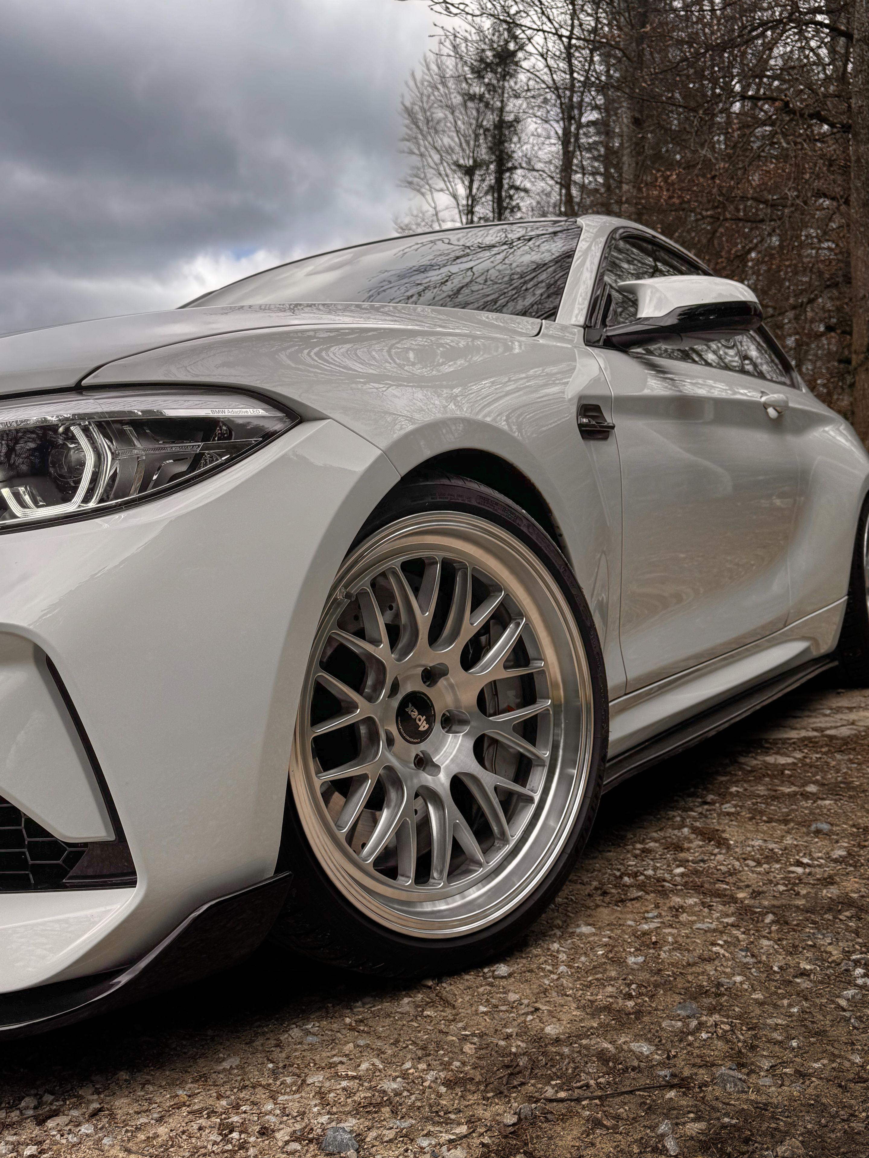 White BMW F87 M2 with 19" ML-10RT Apex wheels in Machined Lip Brushed Clear