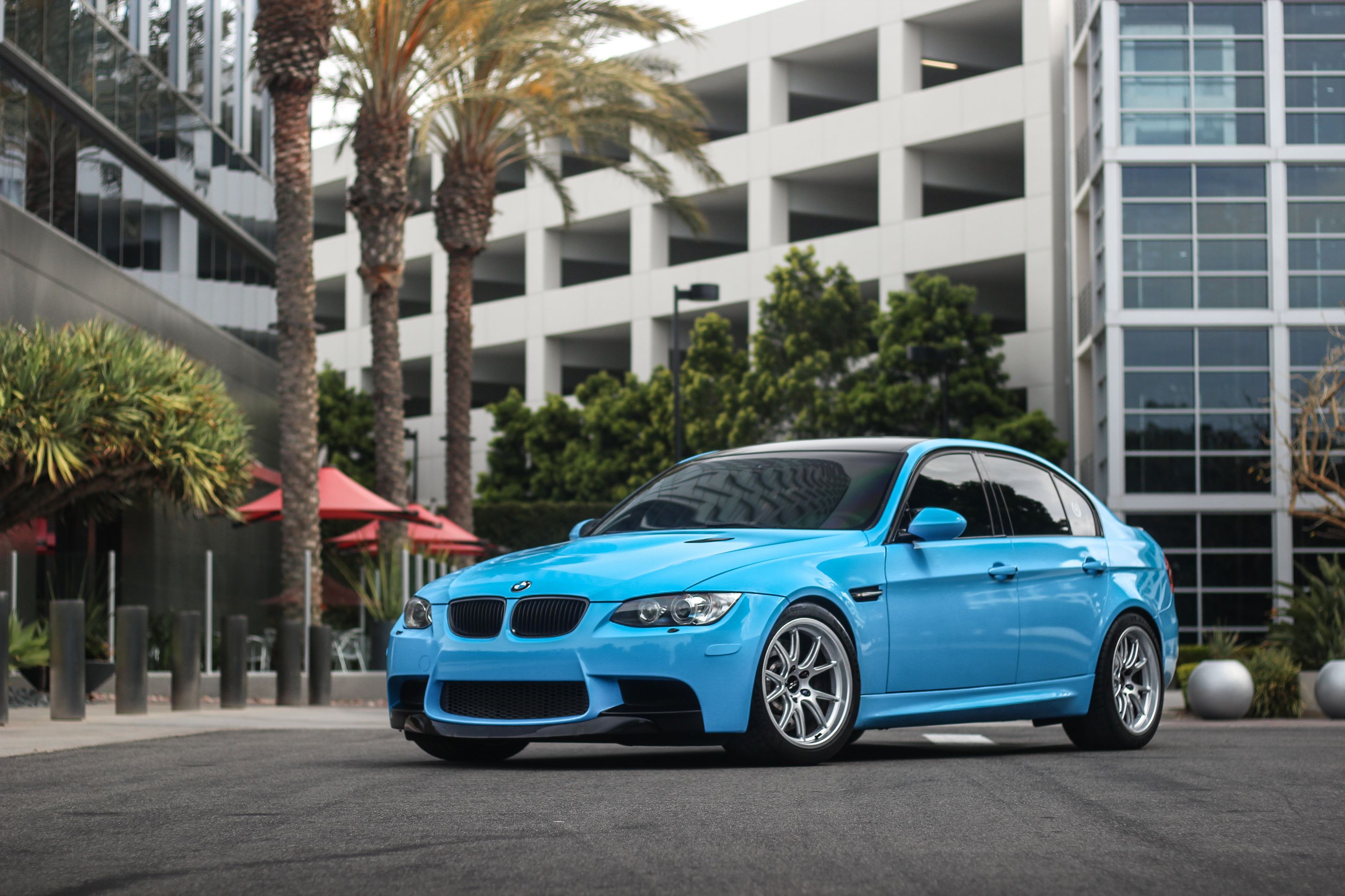 Blue BMW E90 Sedan M3 with 18" FL-5 Apex wheels in Race Silver