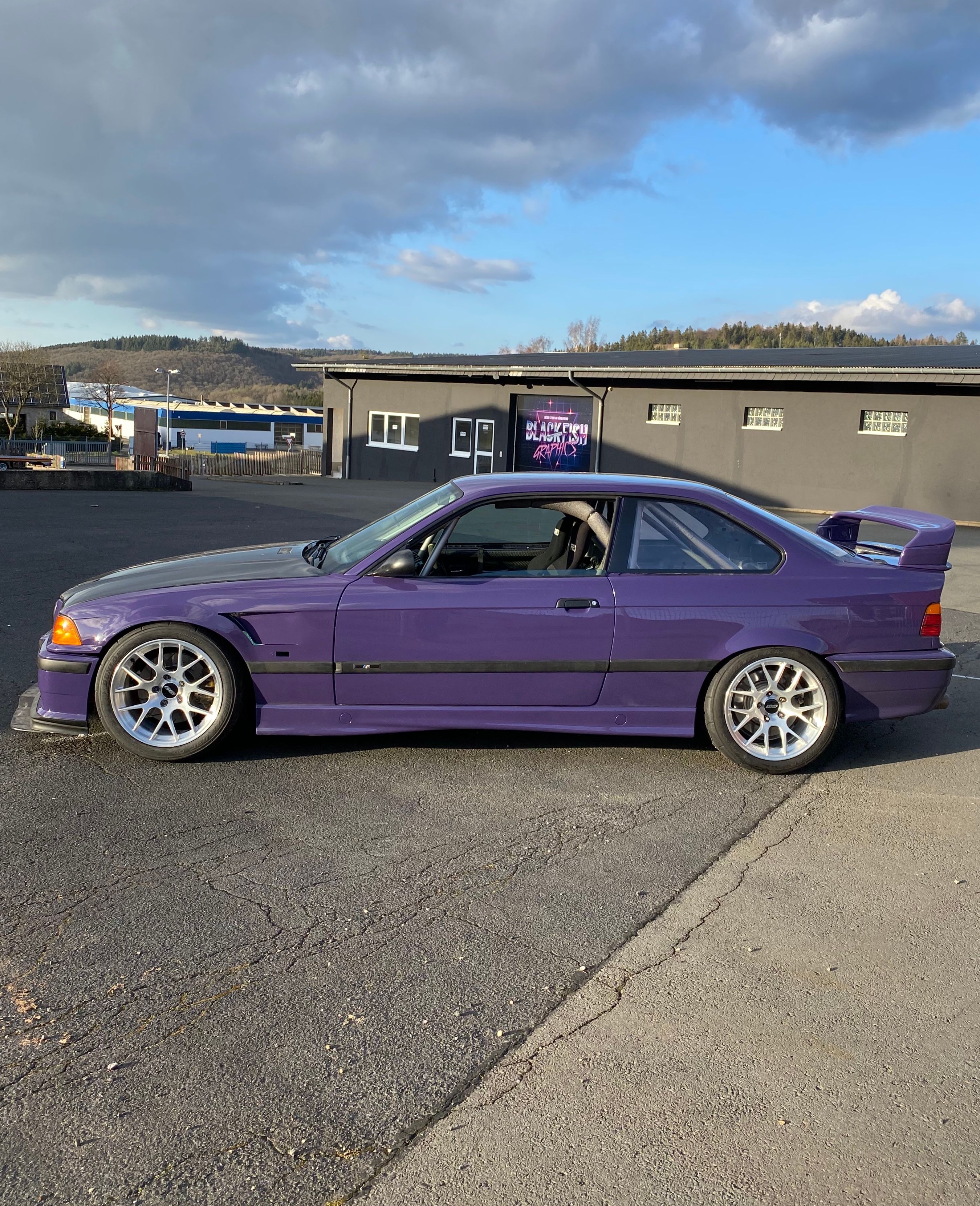 Purple BMW E36 M3 with 17" EC-7R Apex wheels in Brushed Clear