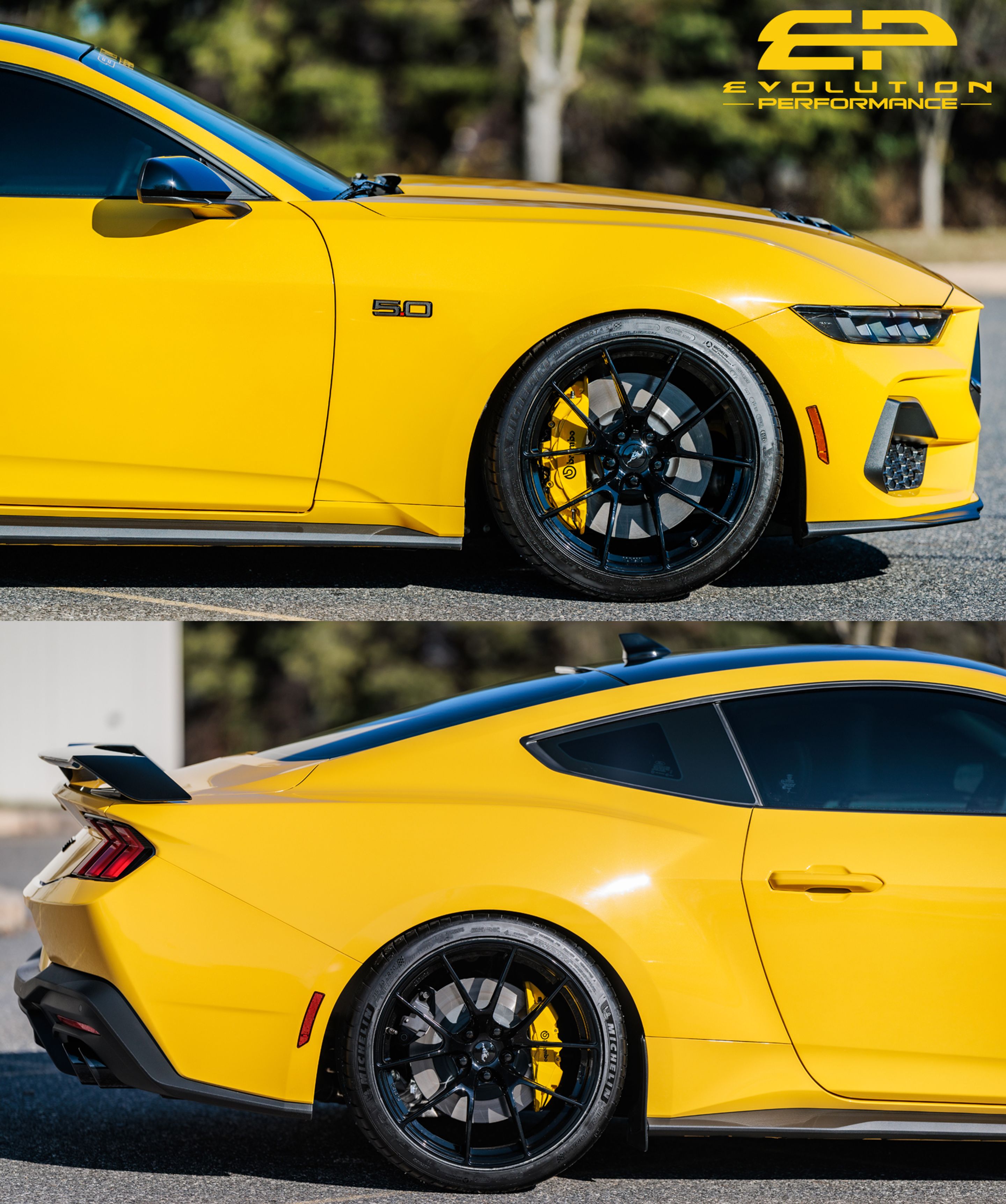 Yellow Ford S650 Mustang GT with 20" VS-5RS Apex wheels in Satin Black