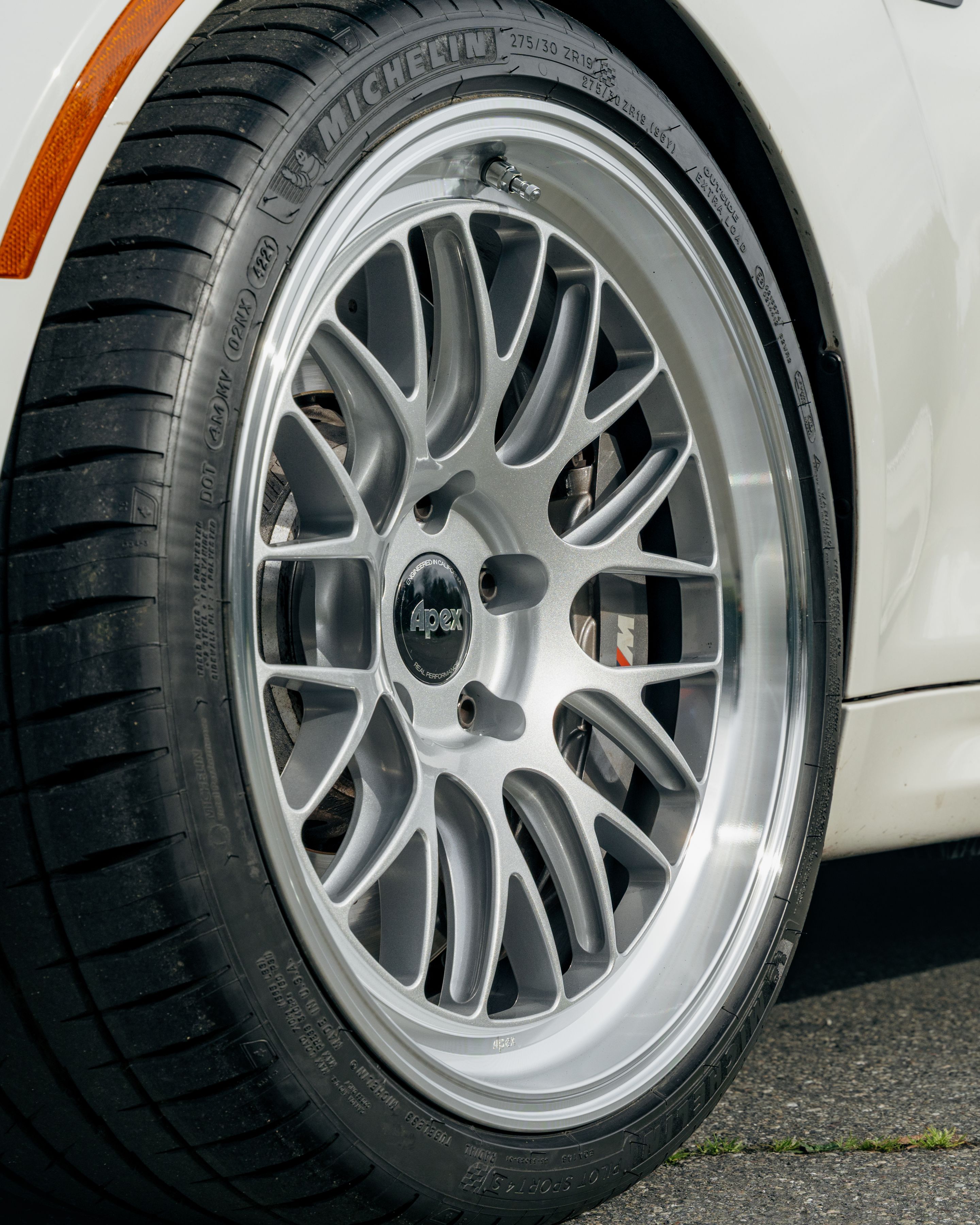 White BMW F87 M2 with 19" ML-10RT Apex wheels in Machined Lip Race Silver