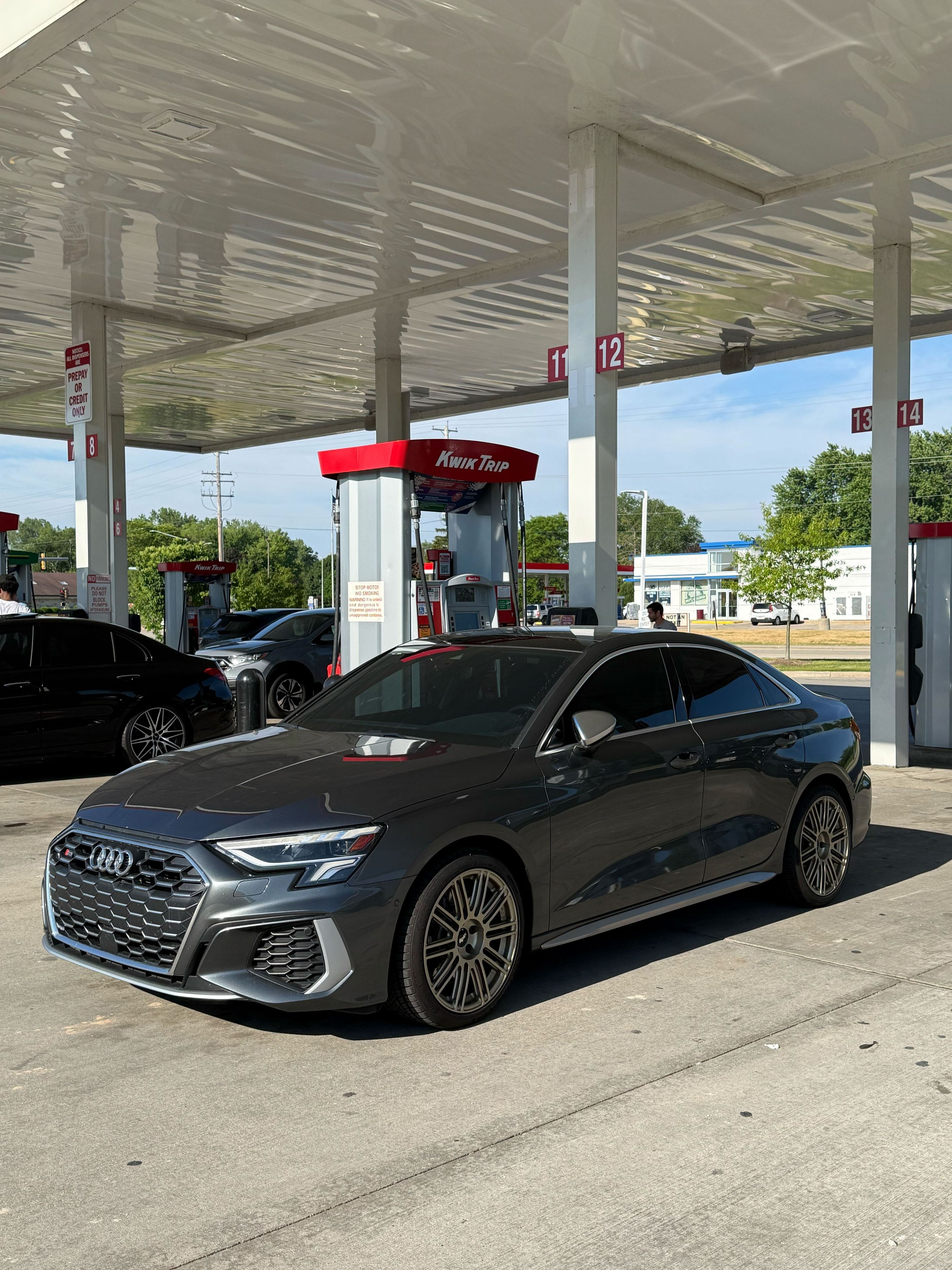 Grey Audi 8Y S3 with 18" TC-10RT Apex wheels in Motorsport Gold
