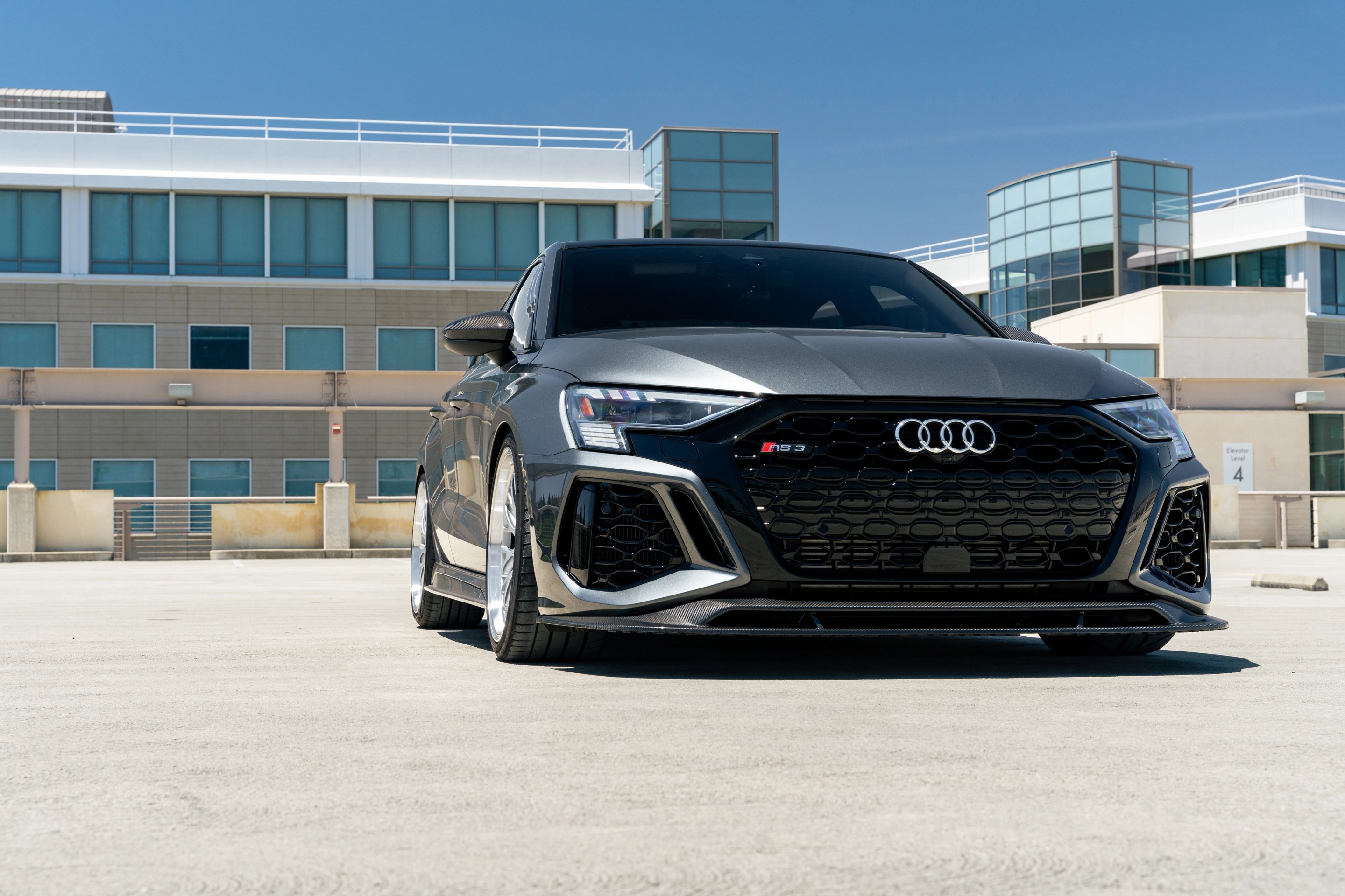 Grey Audi 8Y RS 3 with 19" ML-10RT Apex wheels in Machined Lip Race Silver