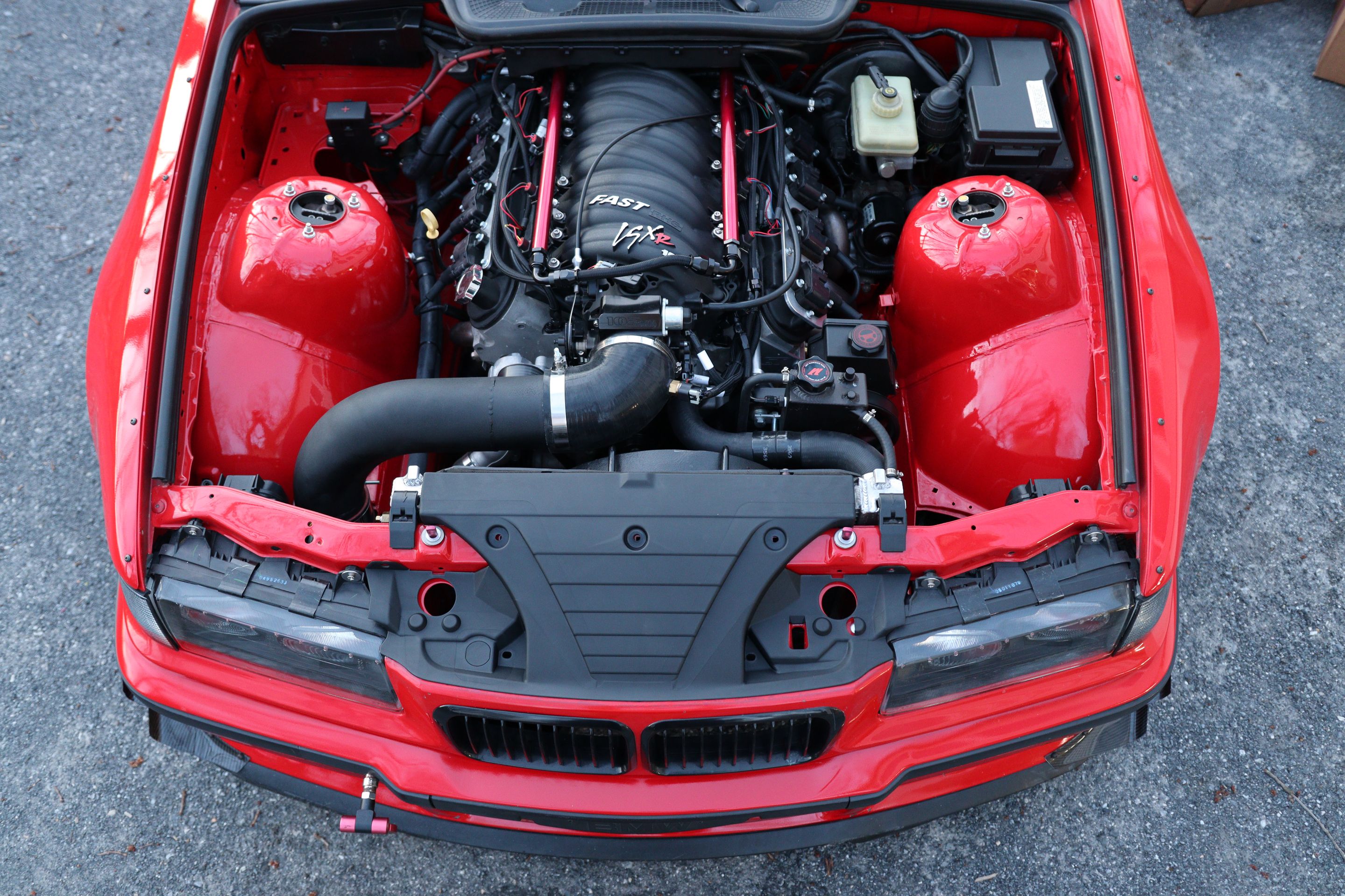 Red BMW E36 M3 with 17" ARC-8 Apex wheels in Anthracite