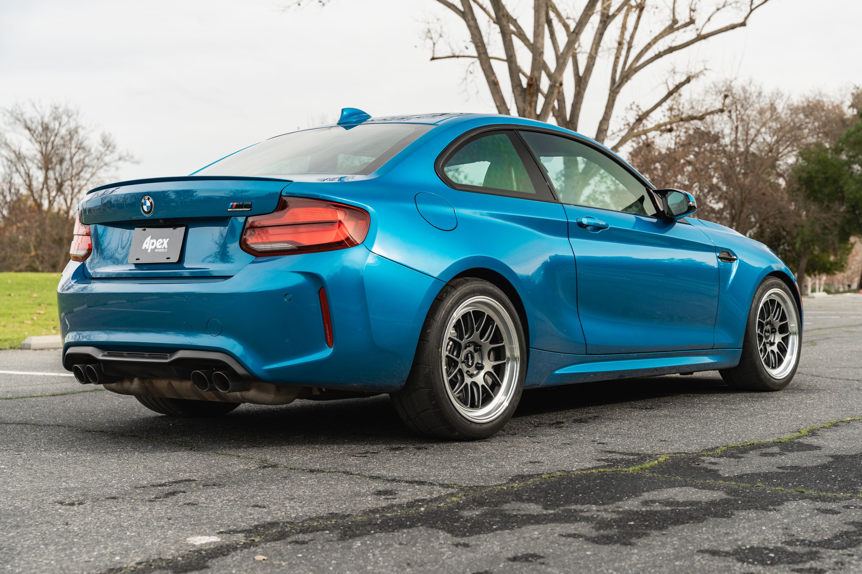 Blue BMW F87 M2 with 18" ML-7RT Apex wheels in Machined Lip Anthracite