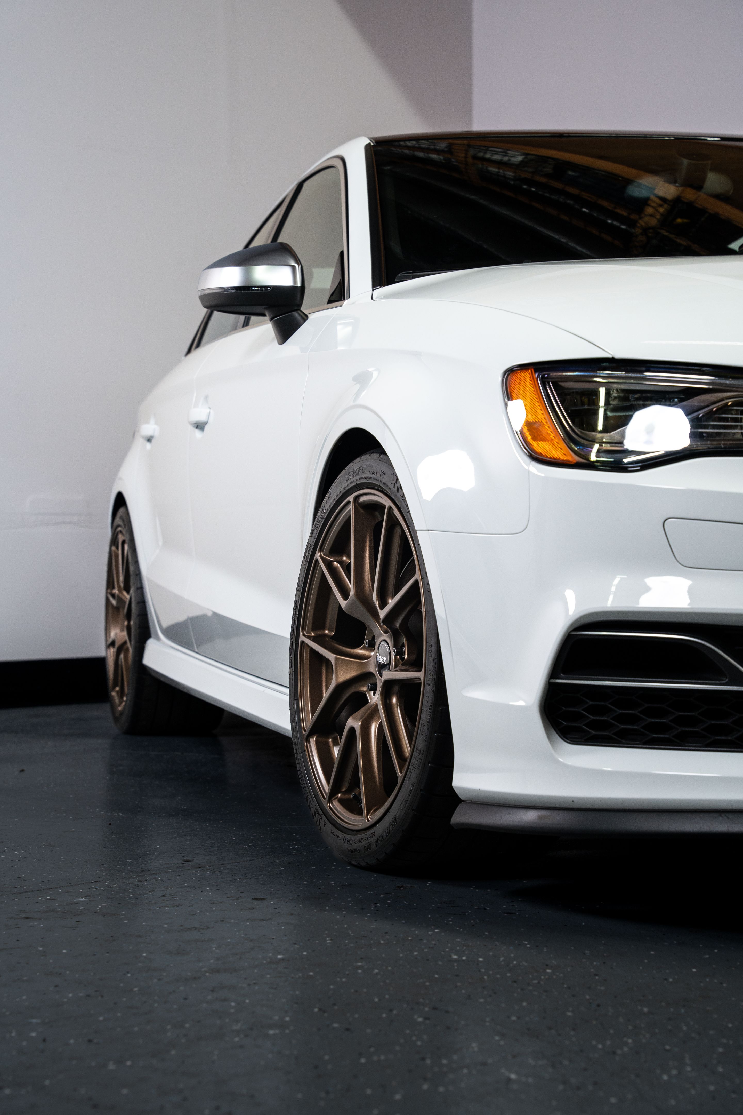 White Audi 8V S3 with 18" VS-5 Apex wheels in Satin Bronze